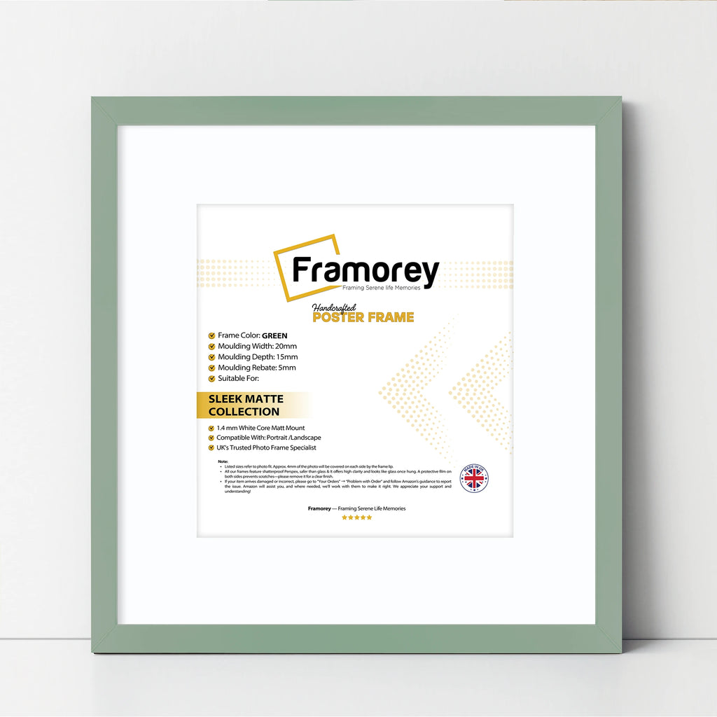 Square Size Thin Matt Green Picture Frames With White Mount