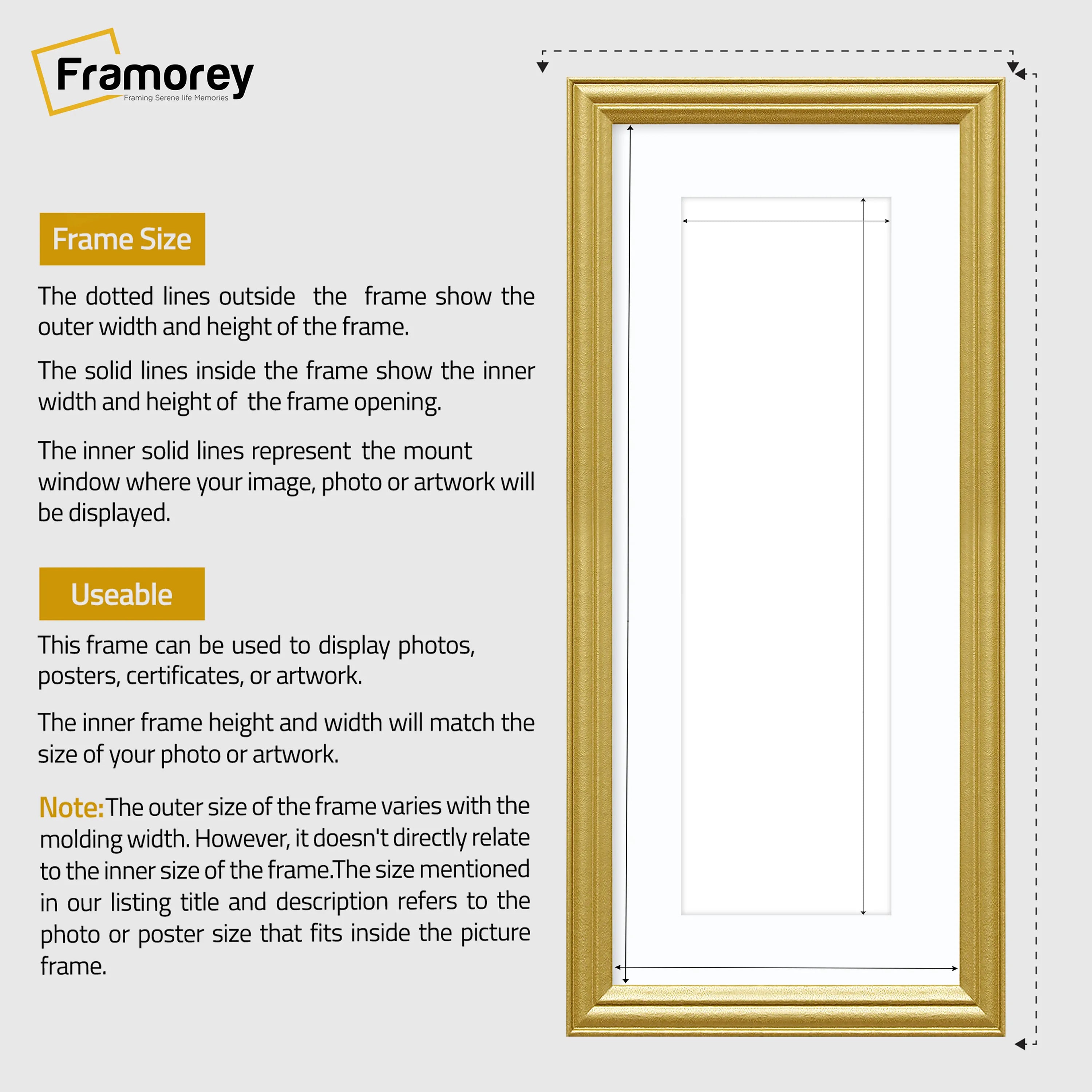 Antique Style Panoramic Gold Picture Frame Wall Art Frame With White Mount