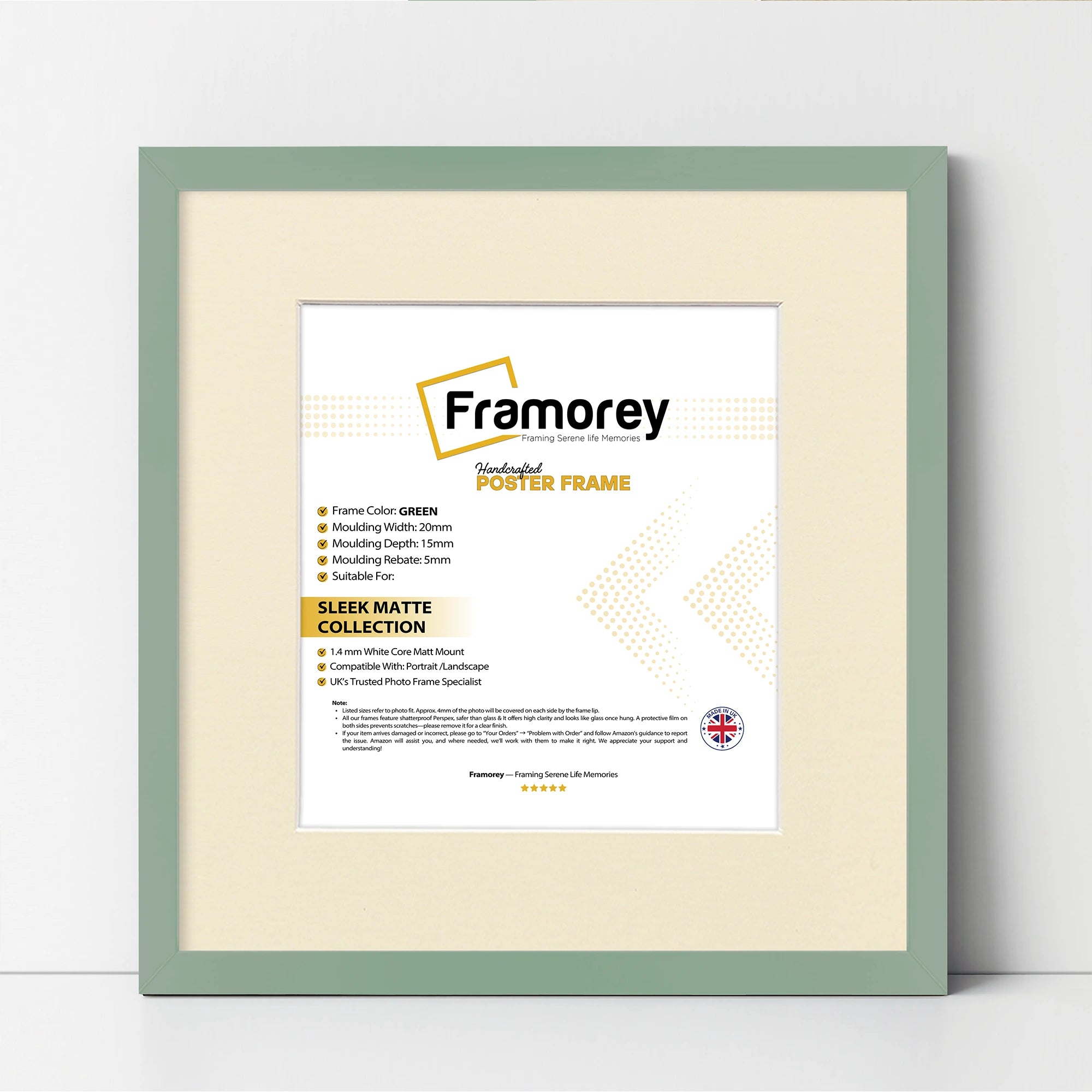 Square Size Thin Matt Green Picture Frames With Ivory Mount