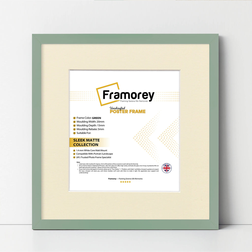 Square Size Thin Matt Green Picture Frames With Ivory Mount