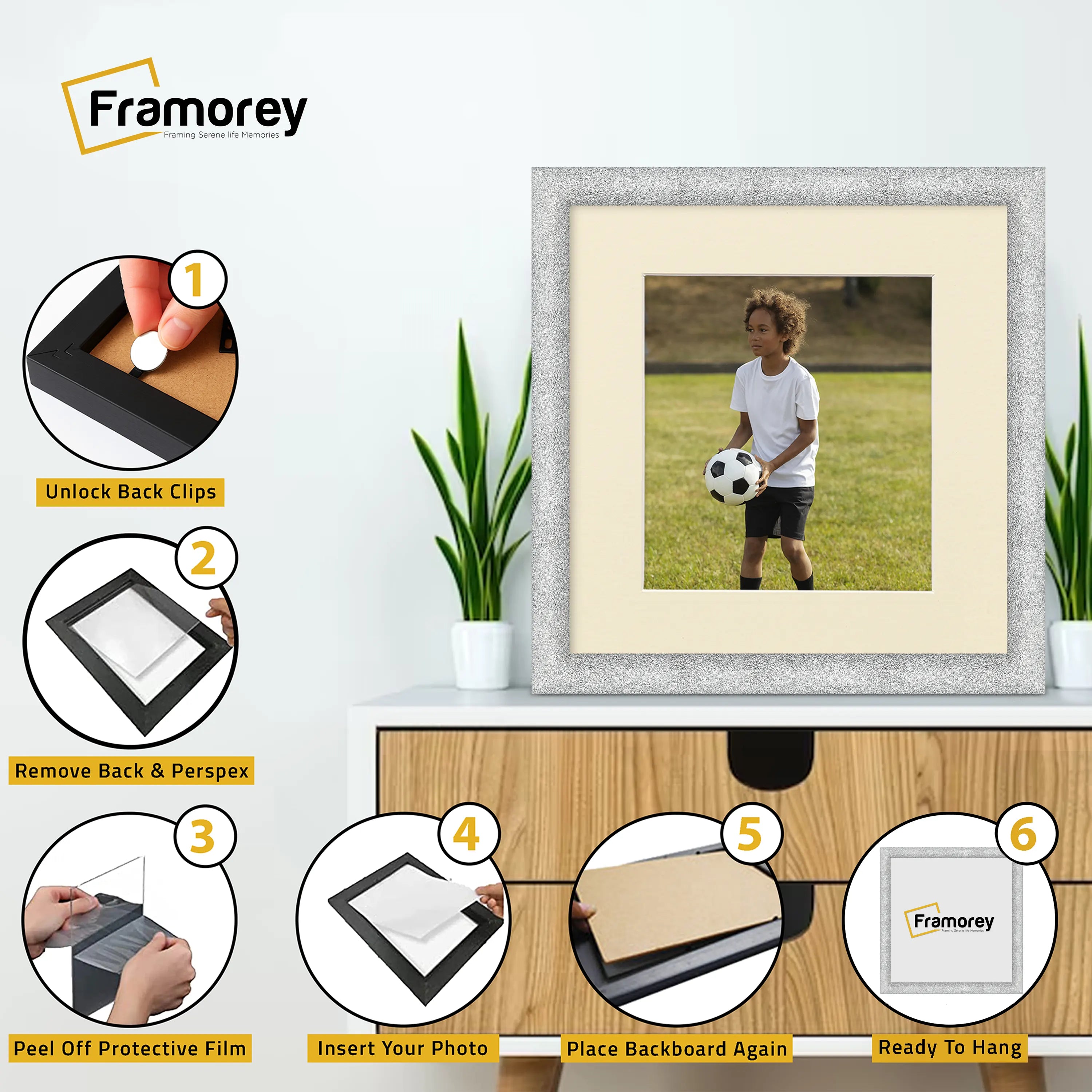 Square Picture Frame Silver Glitter Sparkle Photo Frames With Ivory Mount