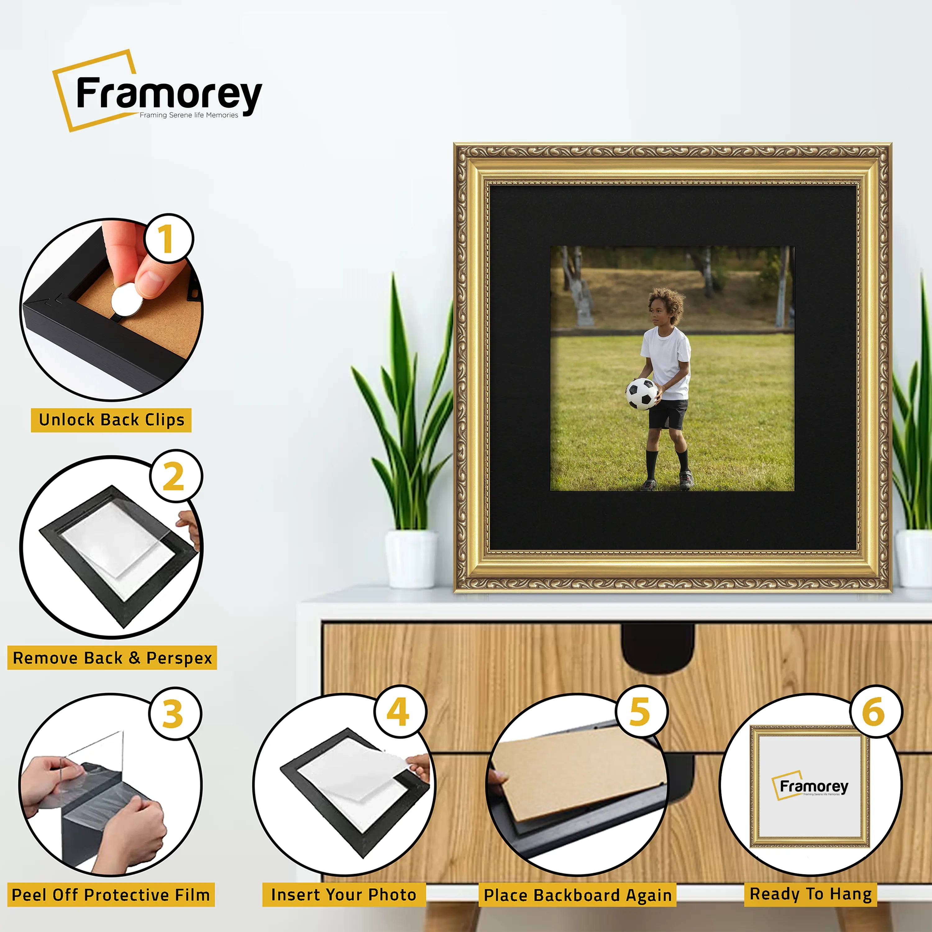 Square Size Gold Shabby Picture Frame With Black Mount