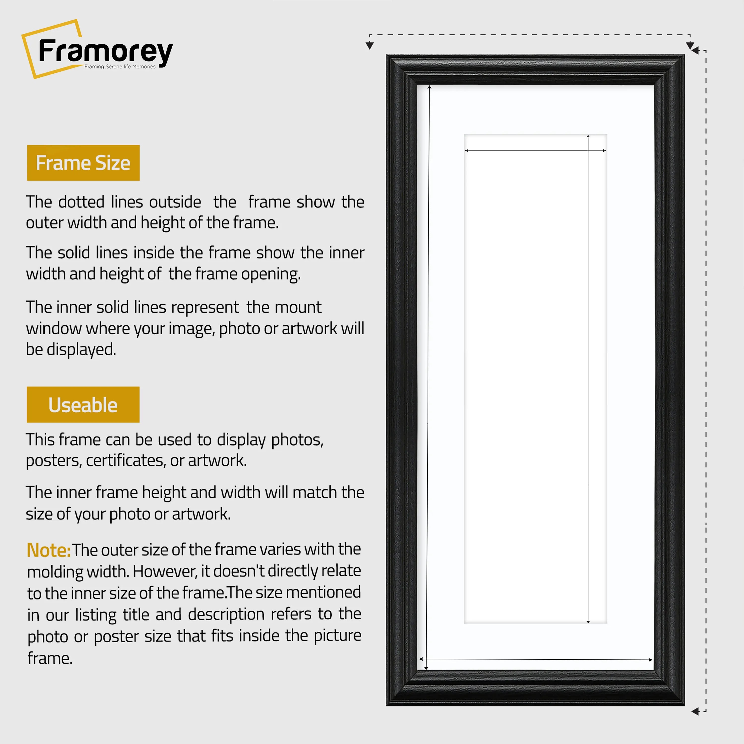 Antique Style Panoramic Size Black Picture Frame with White Mount