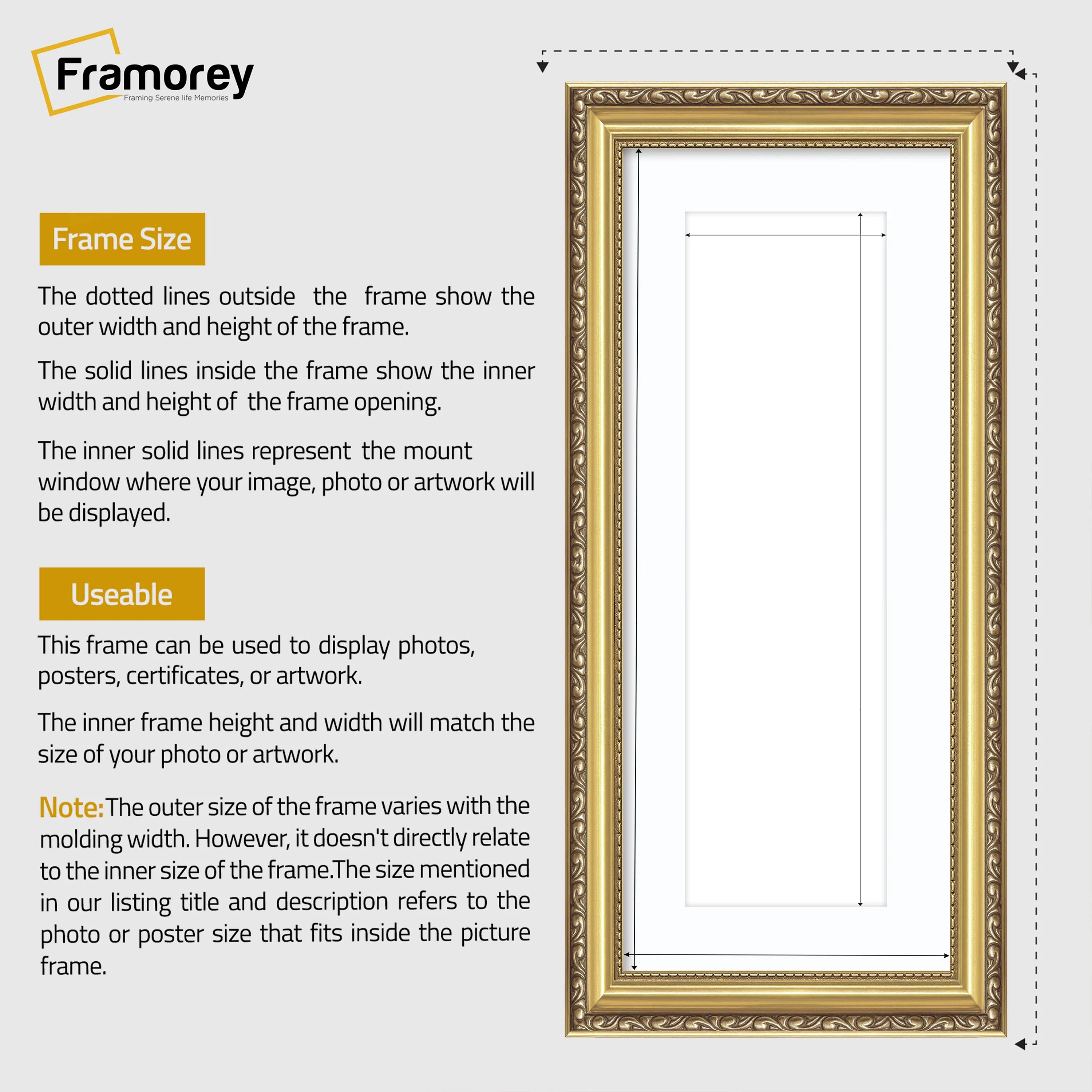 Panoramic Size Gold Picture Frame Shabby Wall Frames With White Mount