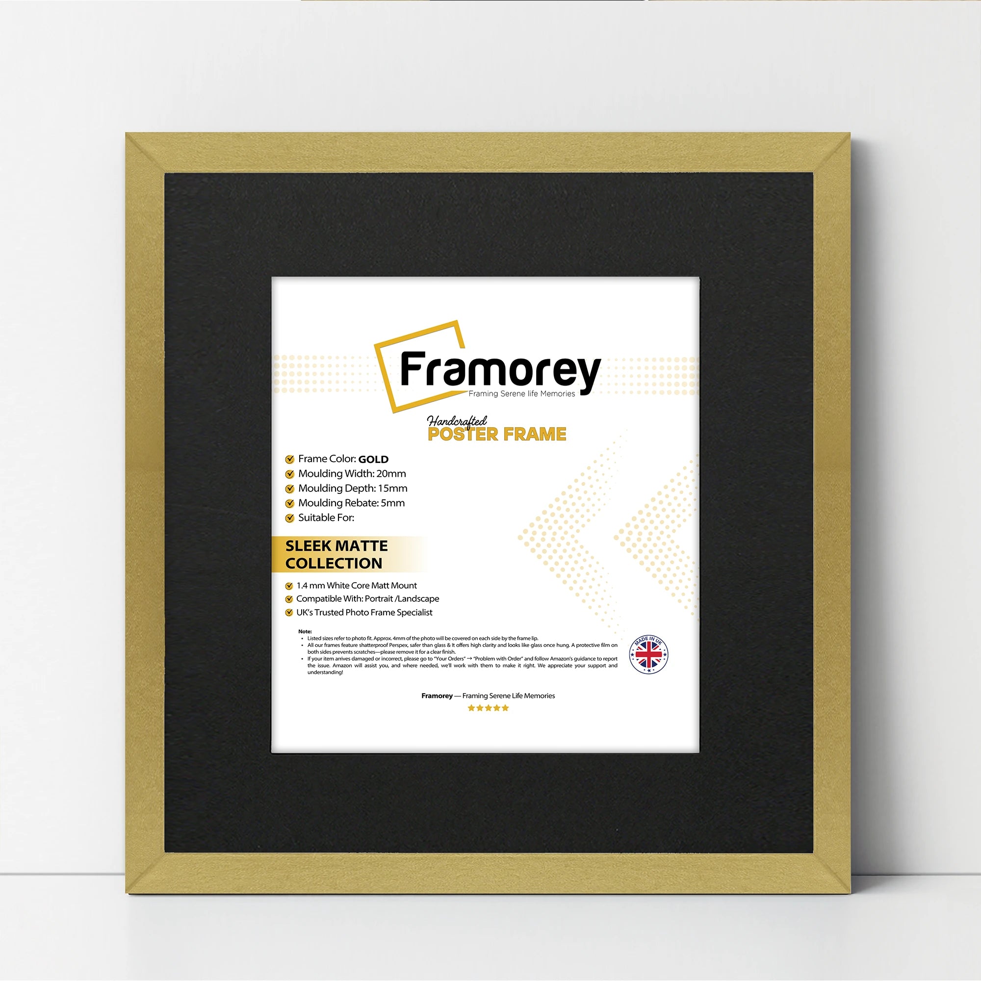 Square Size Gold Thin Matt  Photo Frames With Black Mount