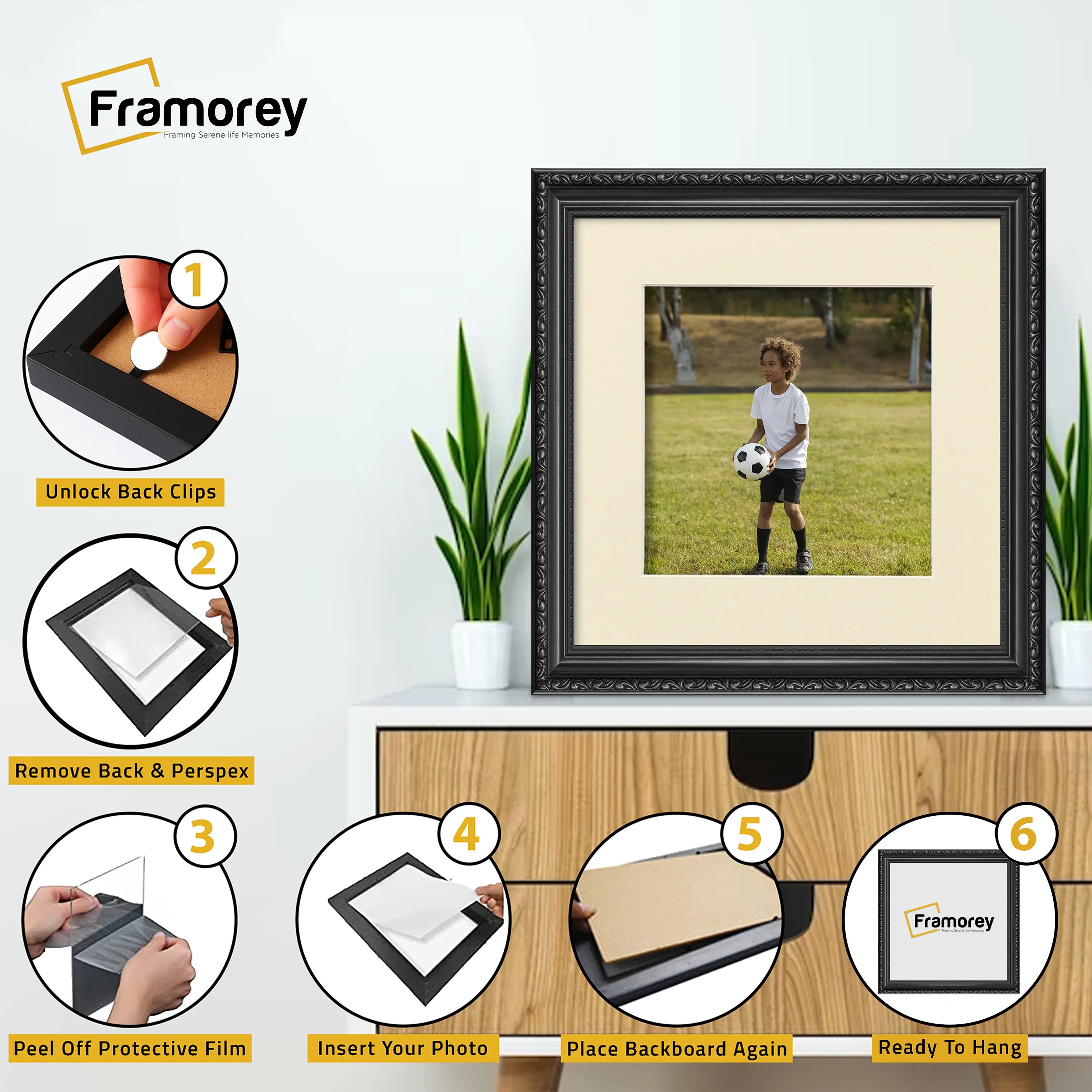 Square Size Black Shabby Picture Frame With Ivory Mount