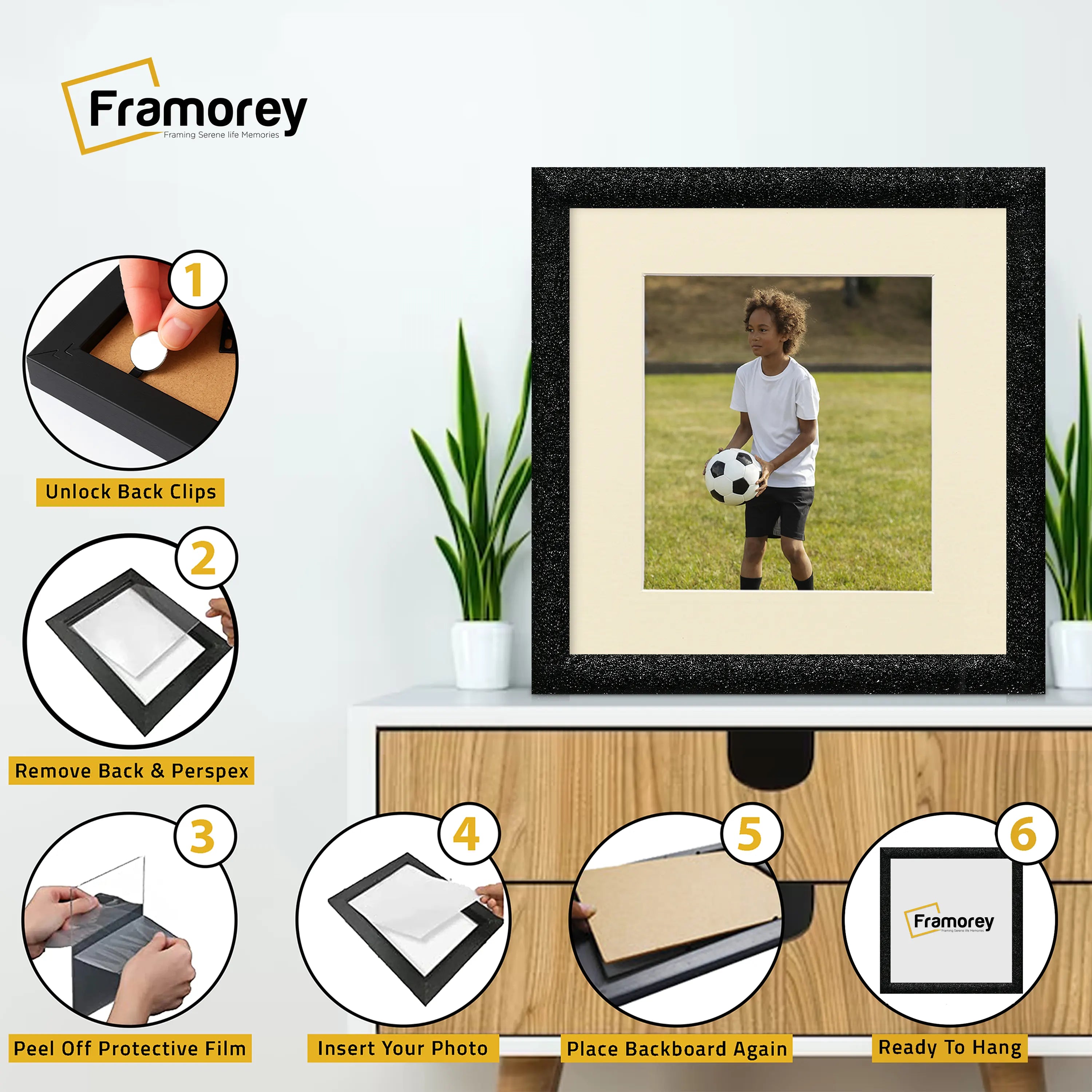 Square Size Picture Frame Black Glitter Sparkle Photo Frames With Ivory Mount