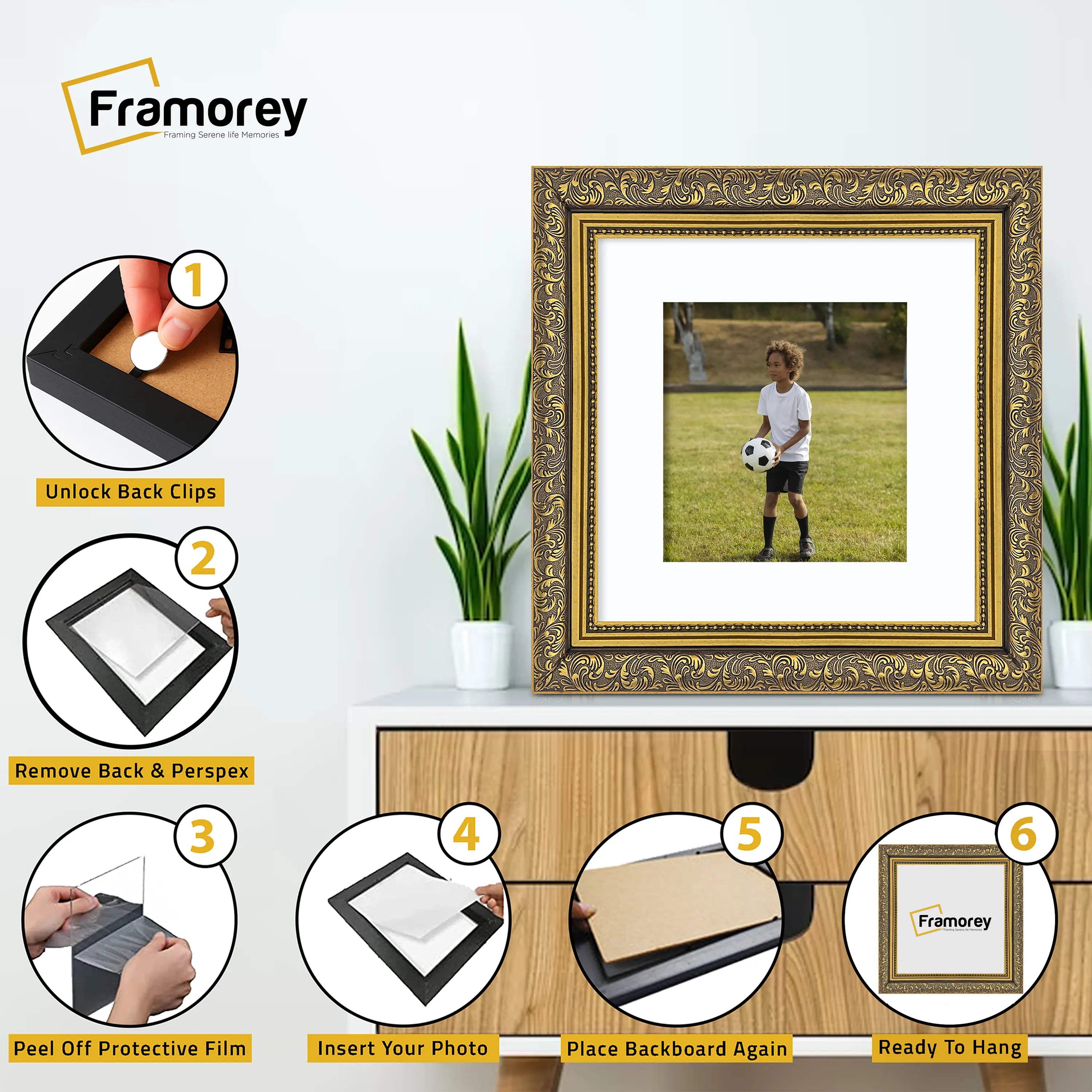 Square Photo Frame Dahlia Gold Picture Frame With White Mount