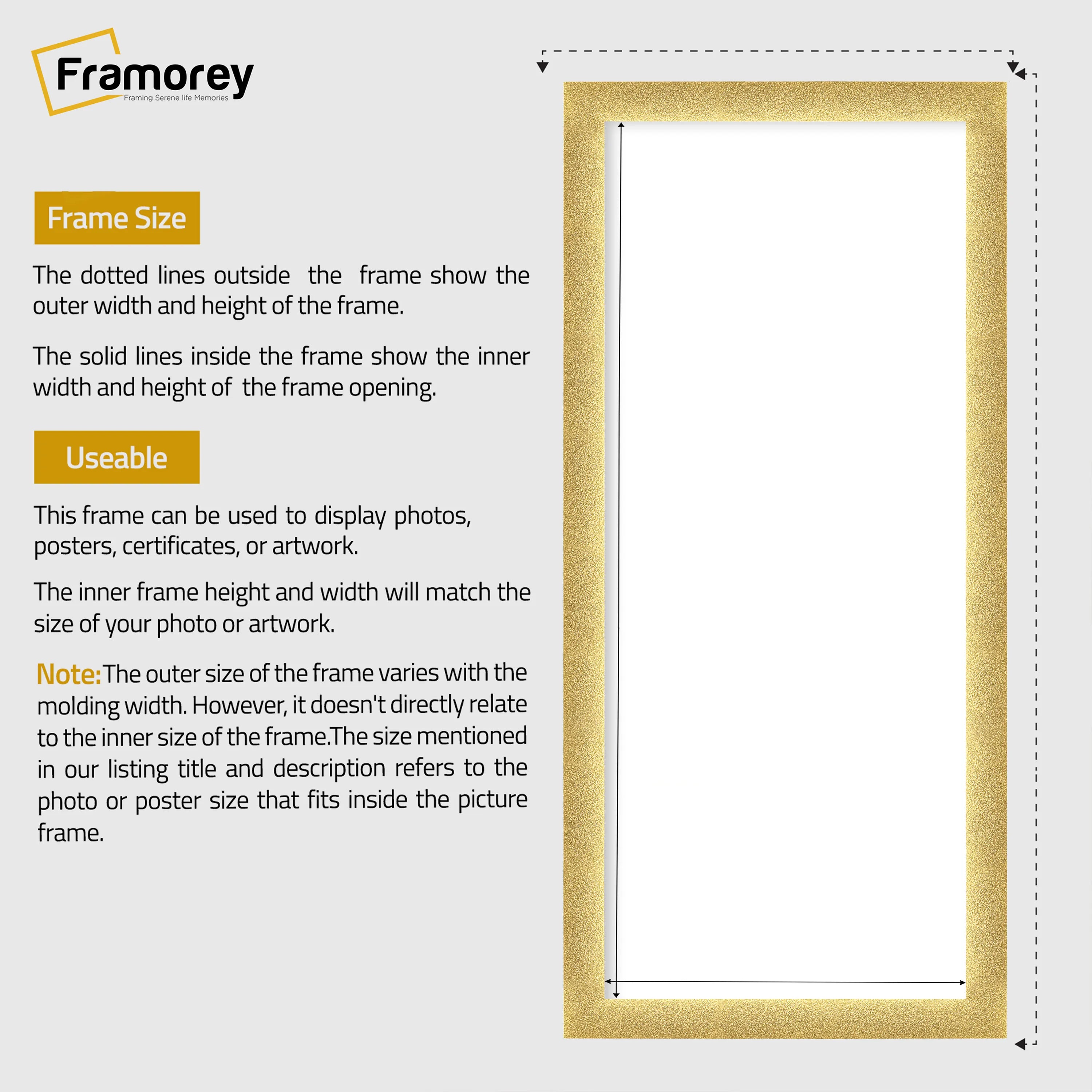 Panoramic Size Glitter Sparkle Gold Photo Frames Wall Art Frame