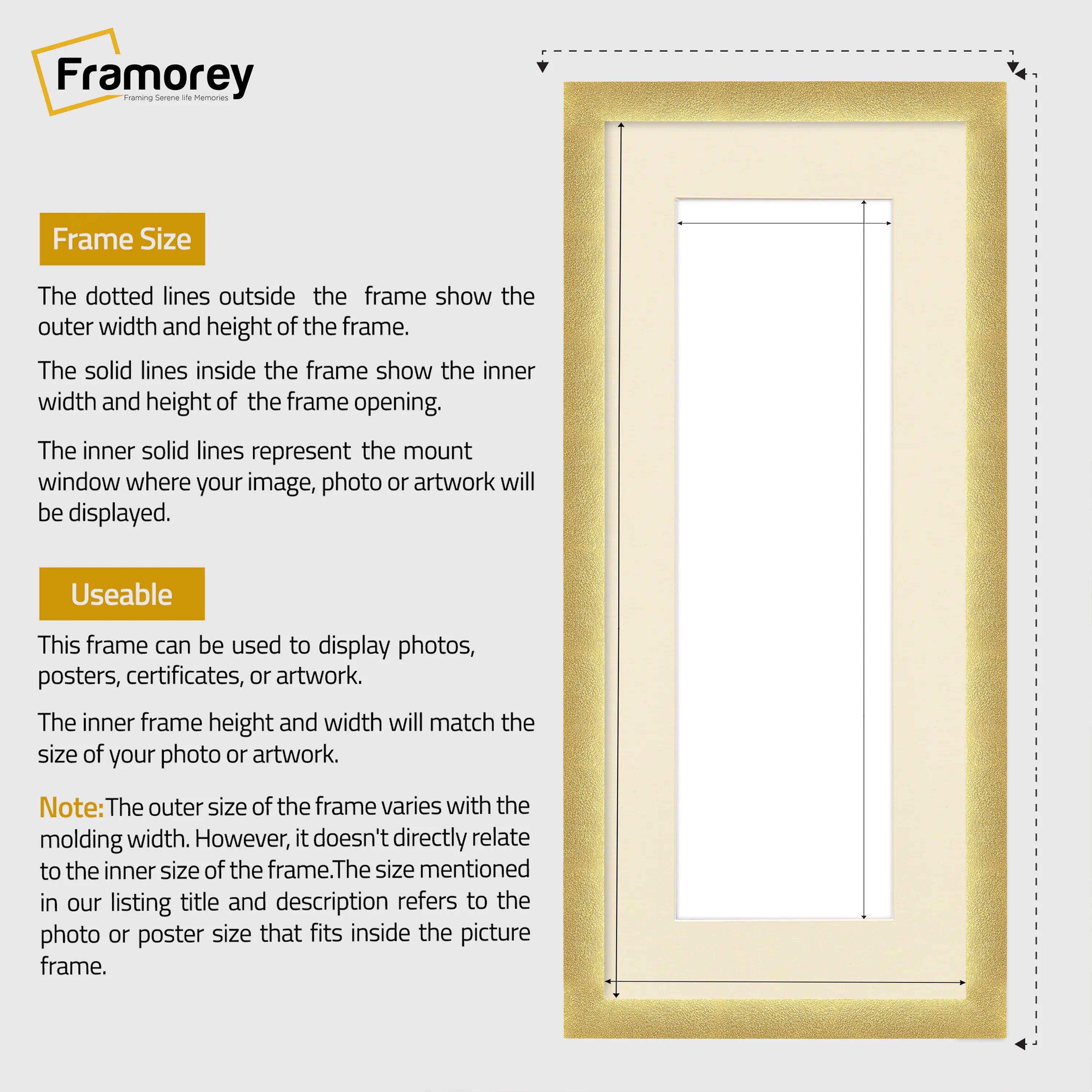 Panoramic Size Glitter Sparkle Gold Photo Frames With Ivory Mount