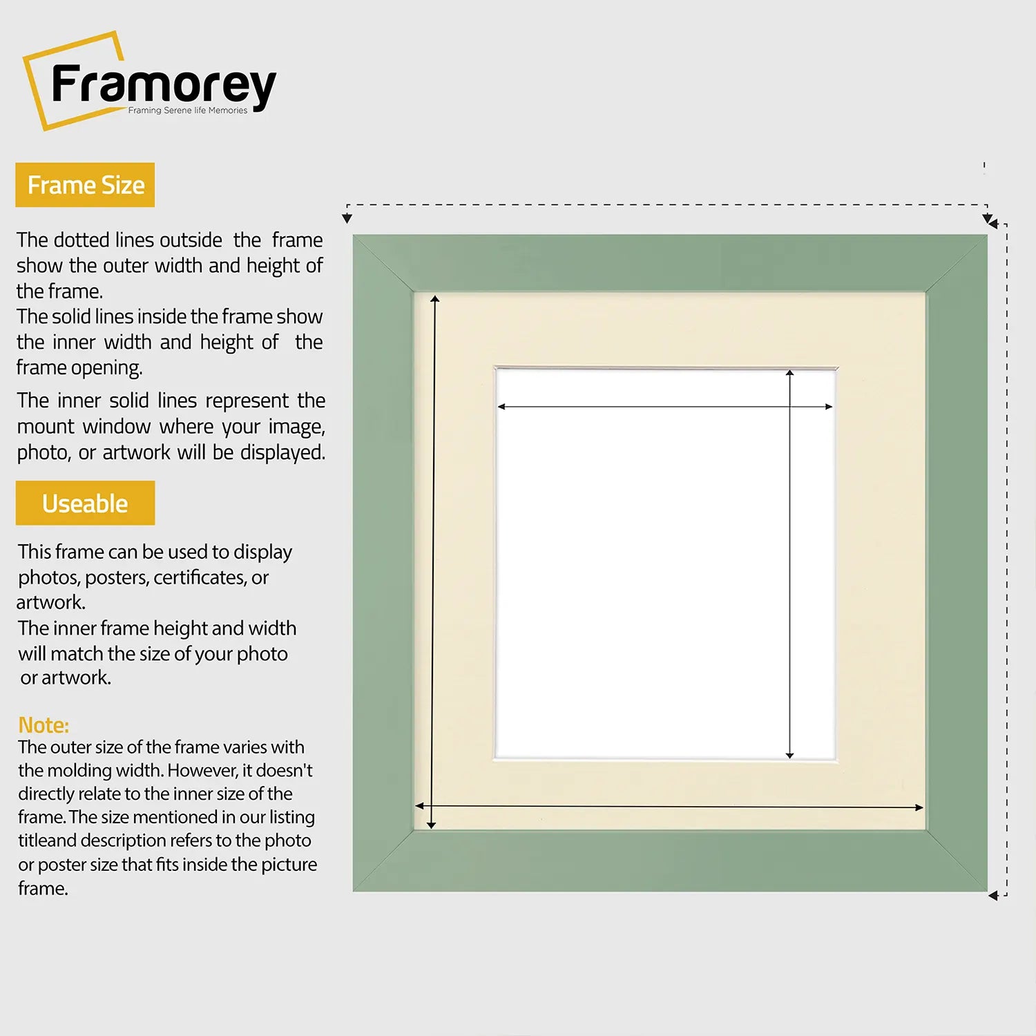 Square Size Green Picture Frame With Ivory Mount