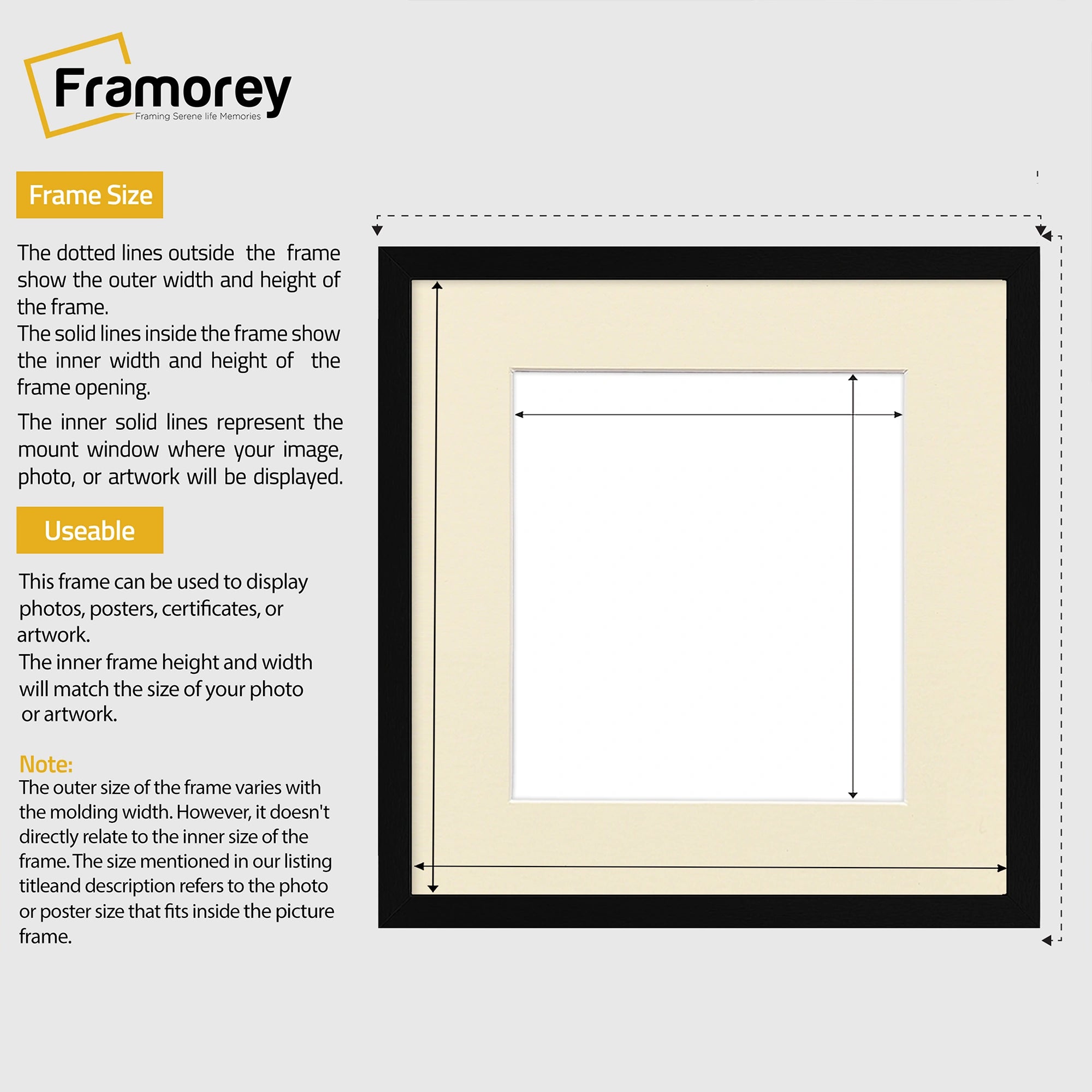 Square Size Thin Matt Black Picture Frames with Ivory Mount