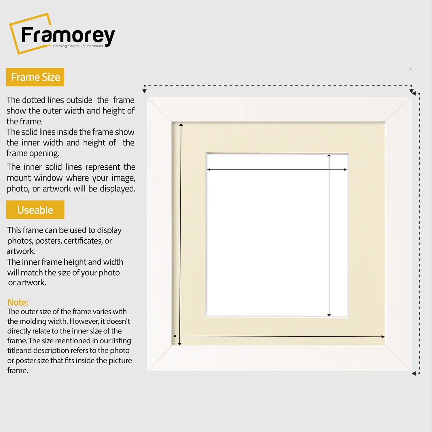 Square Size White Picture Frame With Ivory Mount