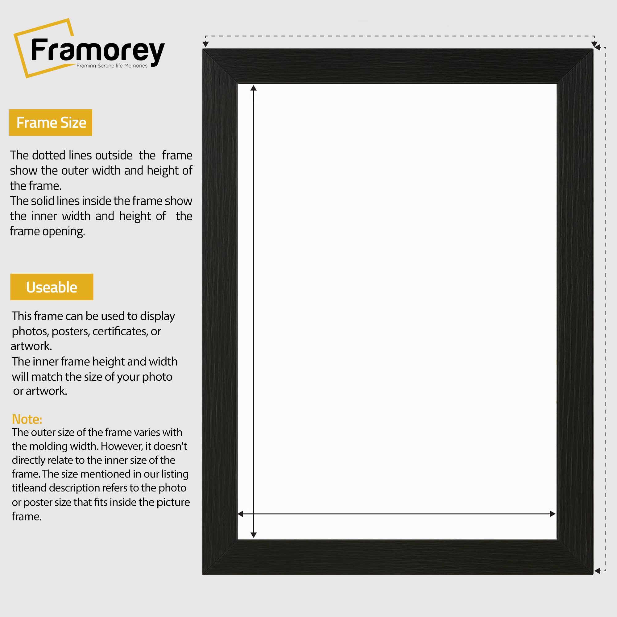 Ash Black Picture frame with photo frame attributes at the left and Describing Corners at the right.