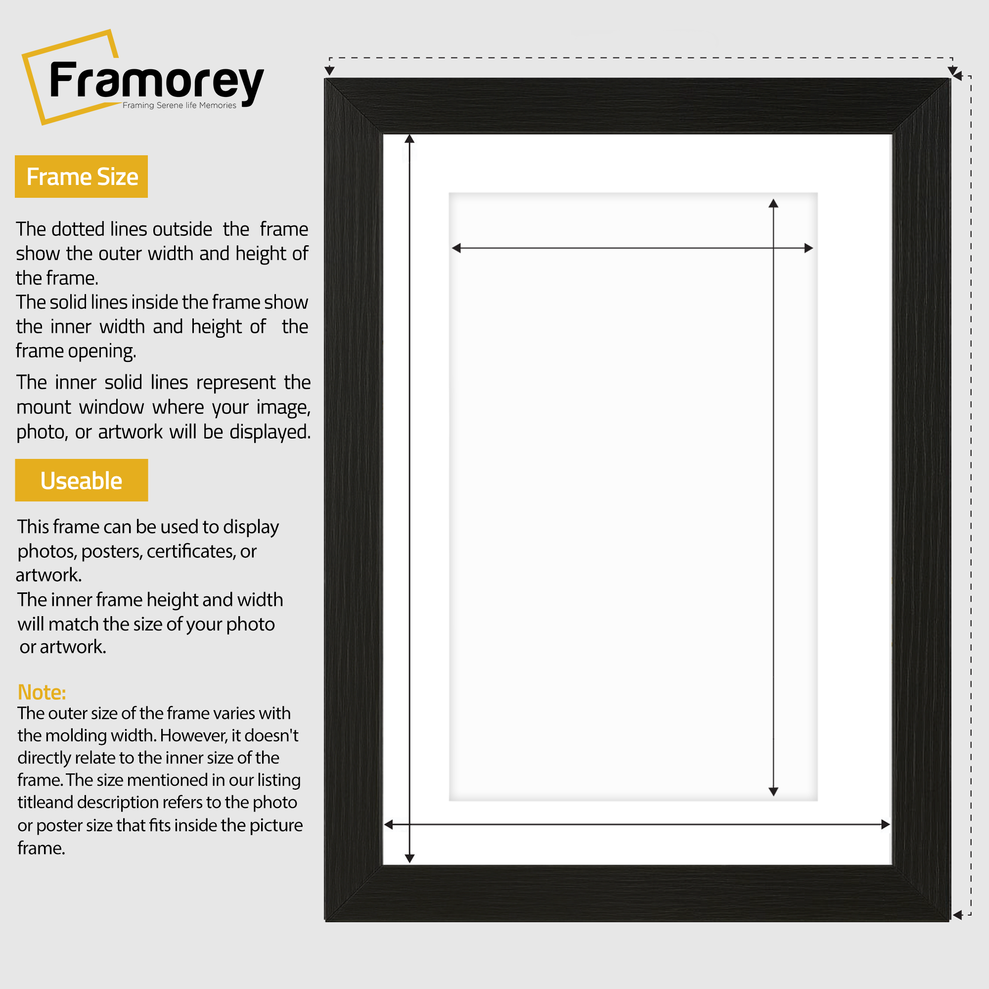 Four White picture frames with White mount hanged on a wall but different picture in it.