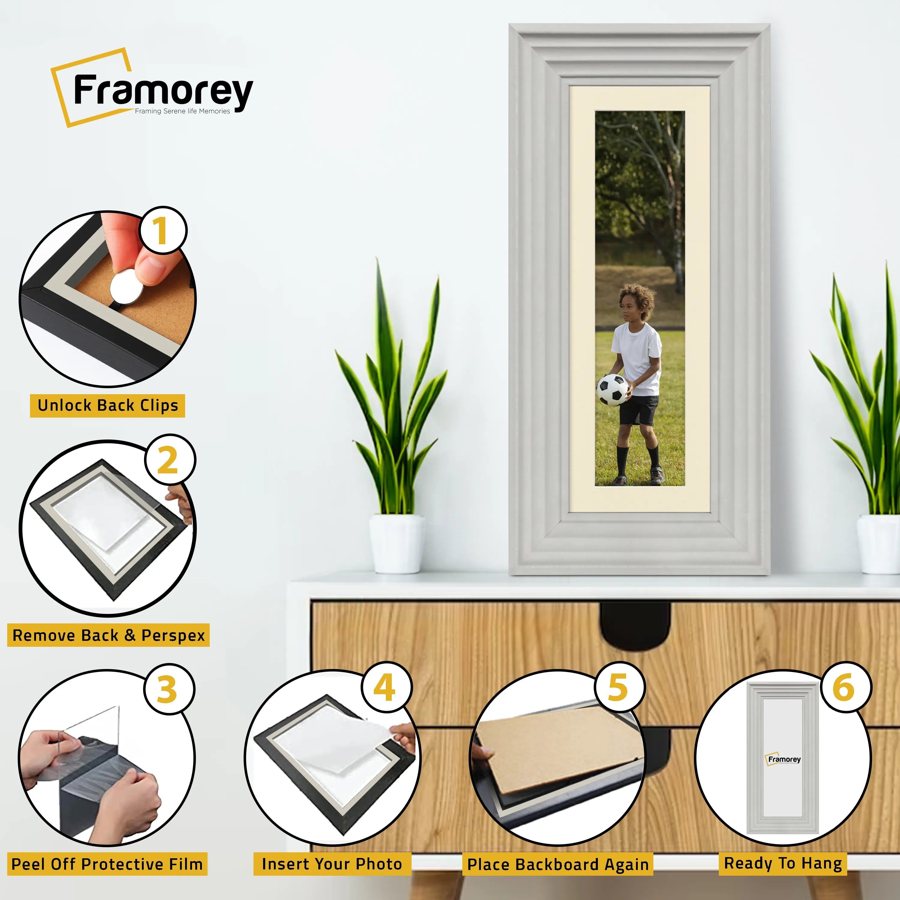 Panoramic Size White Wooden Picture Frame Big Step Style with Ivory Mount