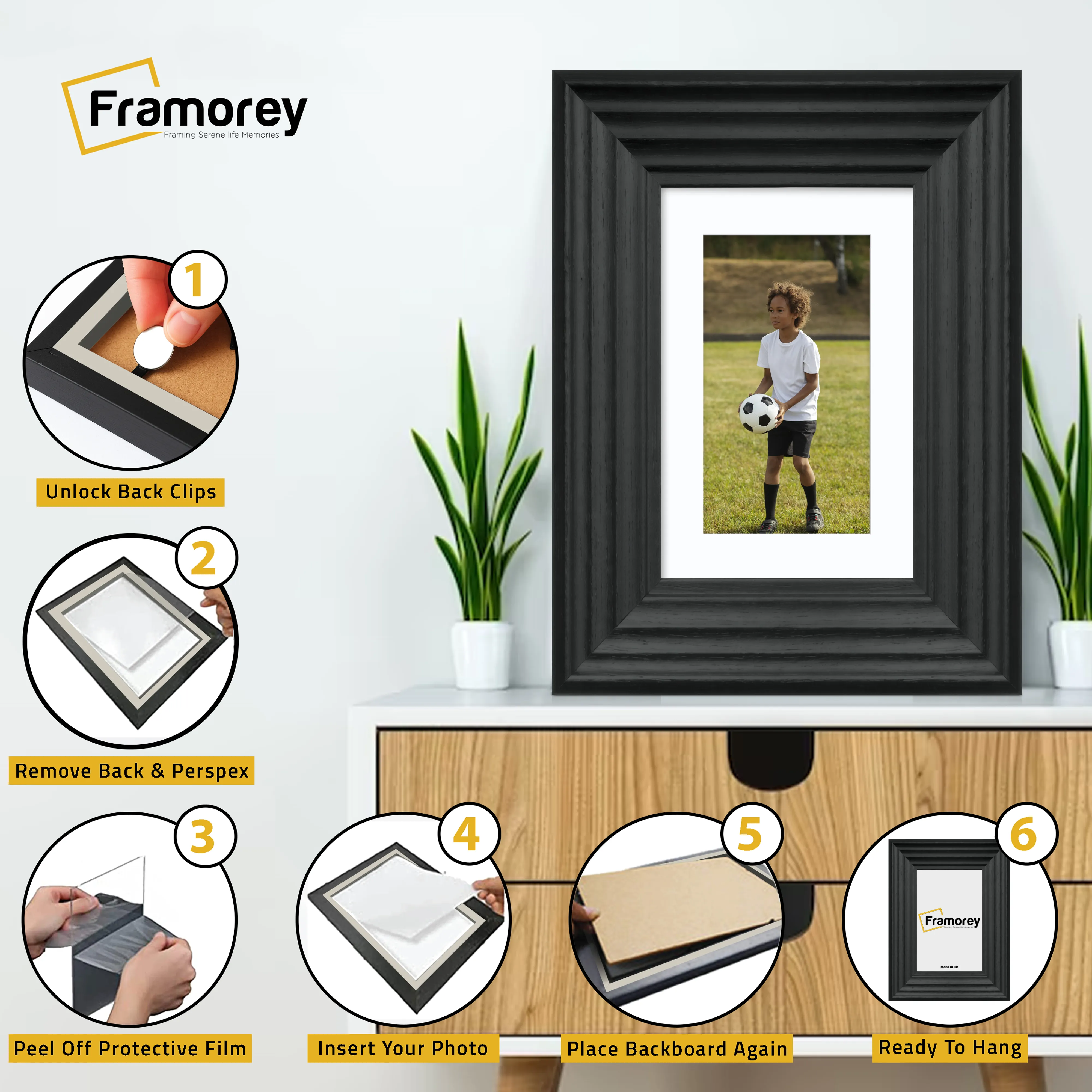 Black Wooden Picture Frames Big Step Style, With White Mount