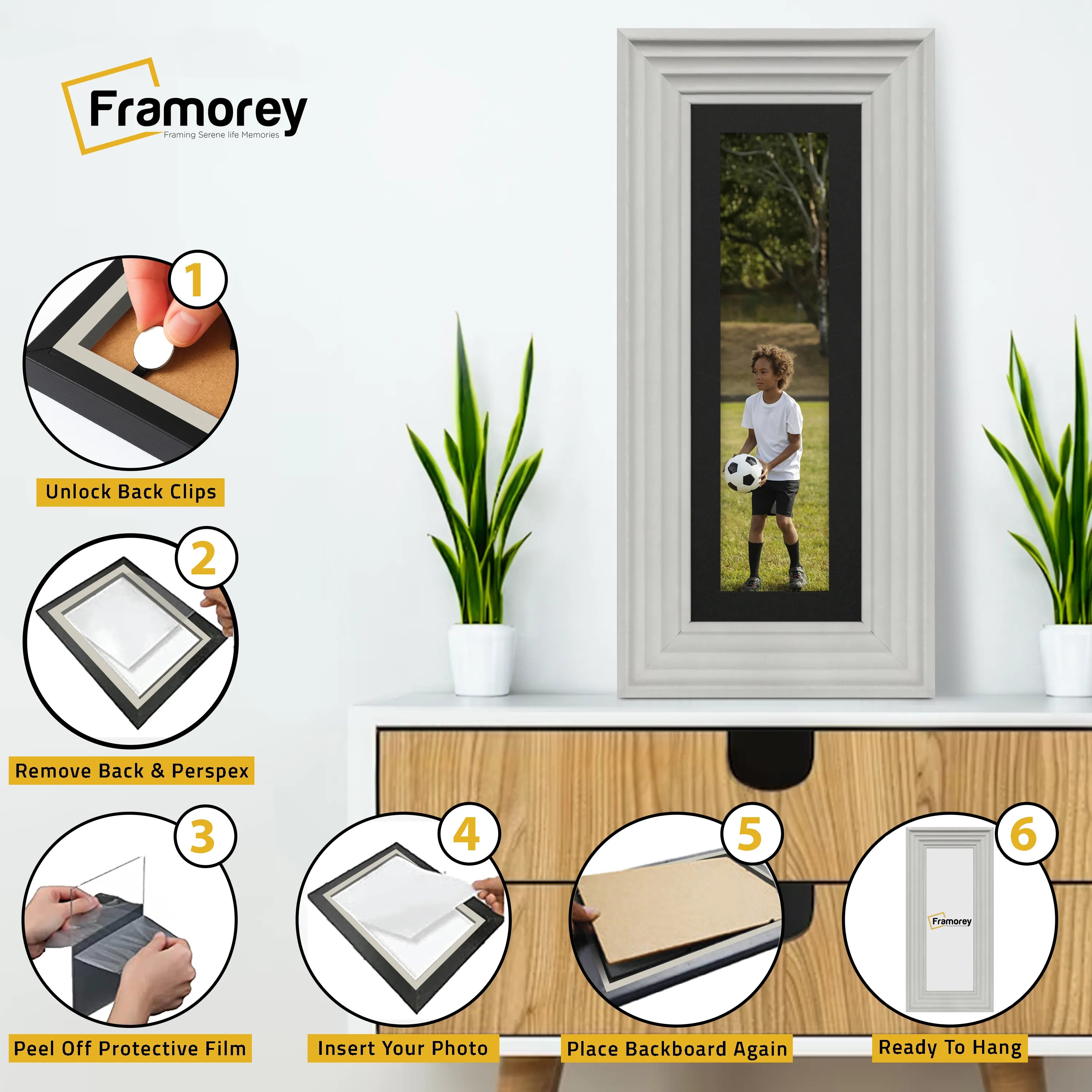 Panoramic Size White Wooden Picture Frame Big Step Style, With Black Mount