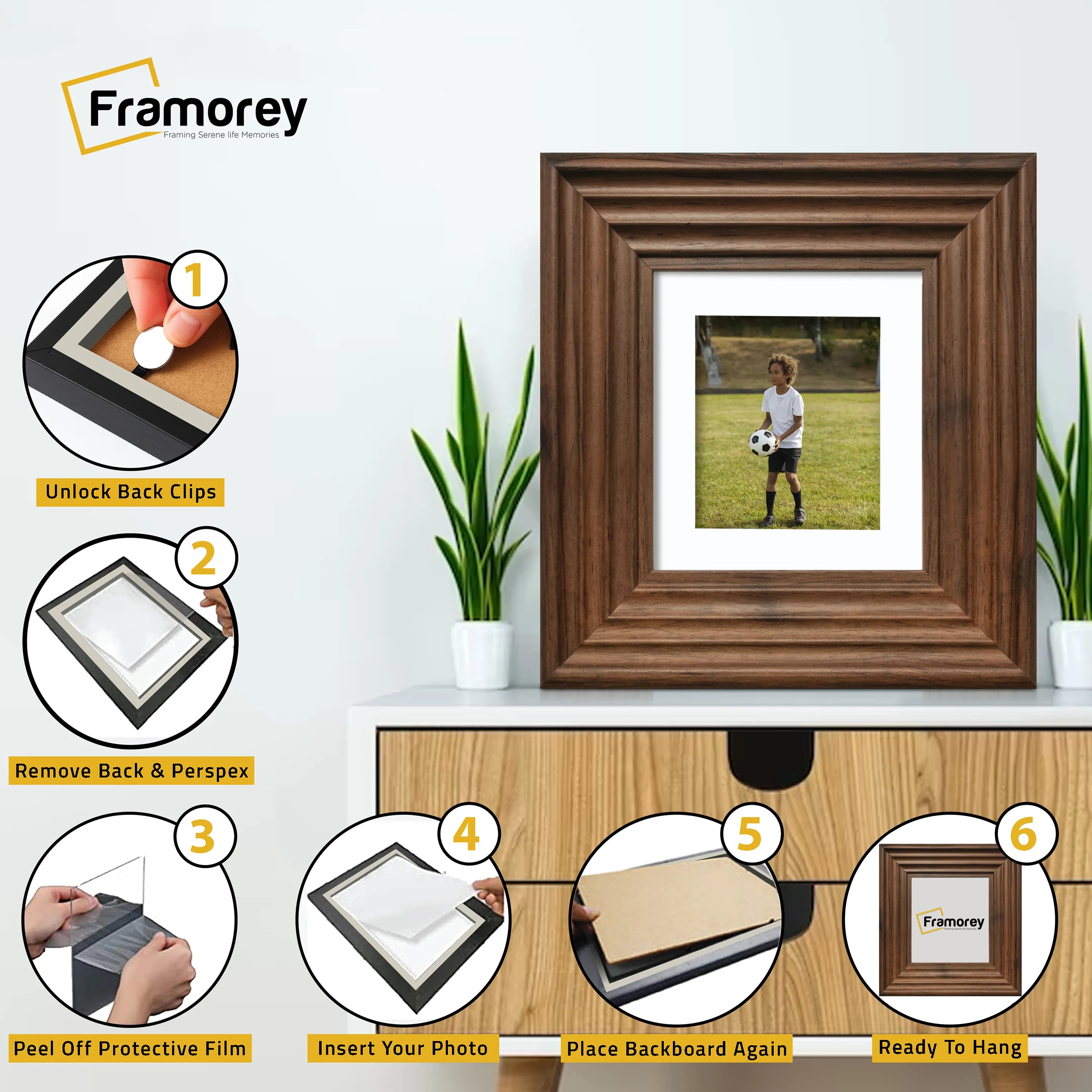 Square Walnut Wooden Picture Frame Big Step Style with White Mount