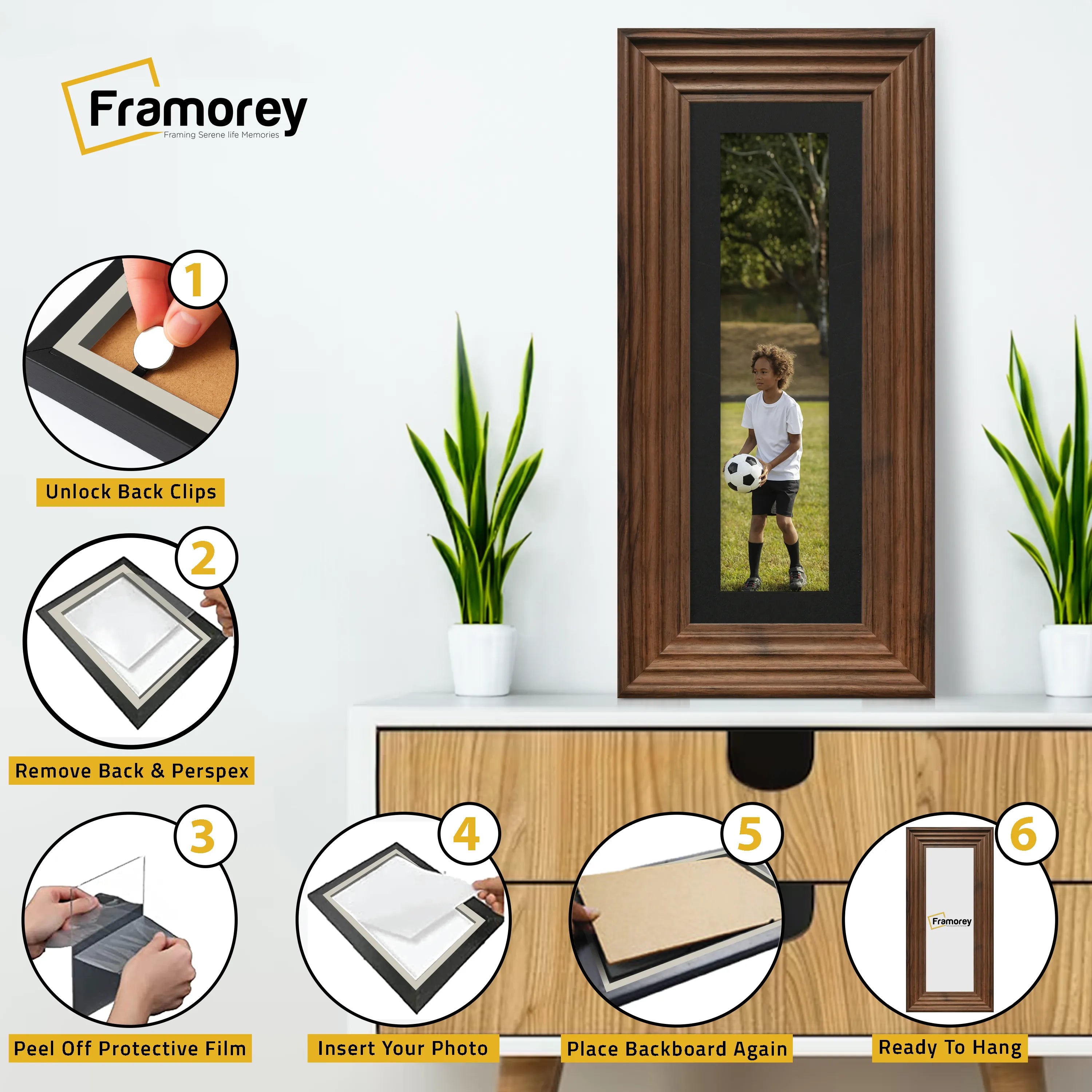 Panoramic Size Walnut Wooden Picture Frame Big Step With Black Mount