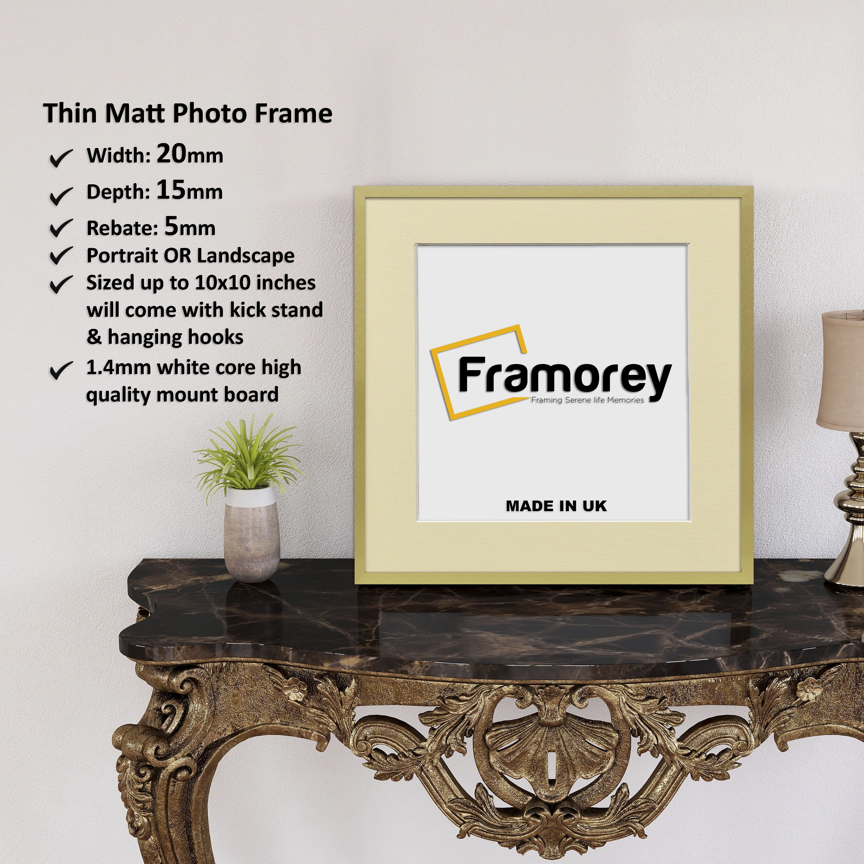 Square Size Thin Matt Gold Photo Frames With Ivory Mount