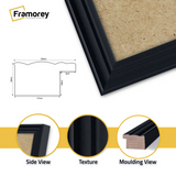 Black picture frame close view profile showing moulding depth and edge detail for wall art or photo display