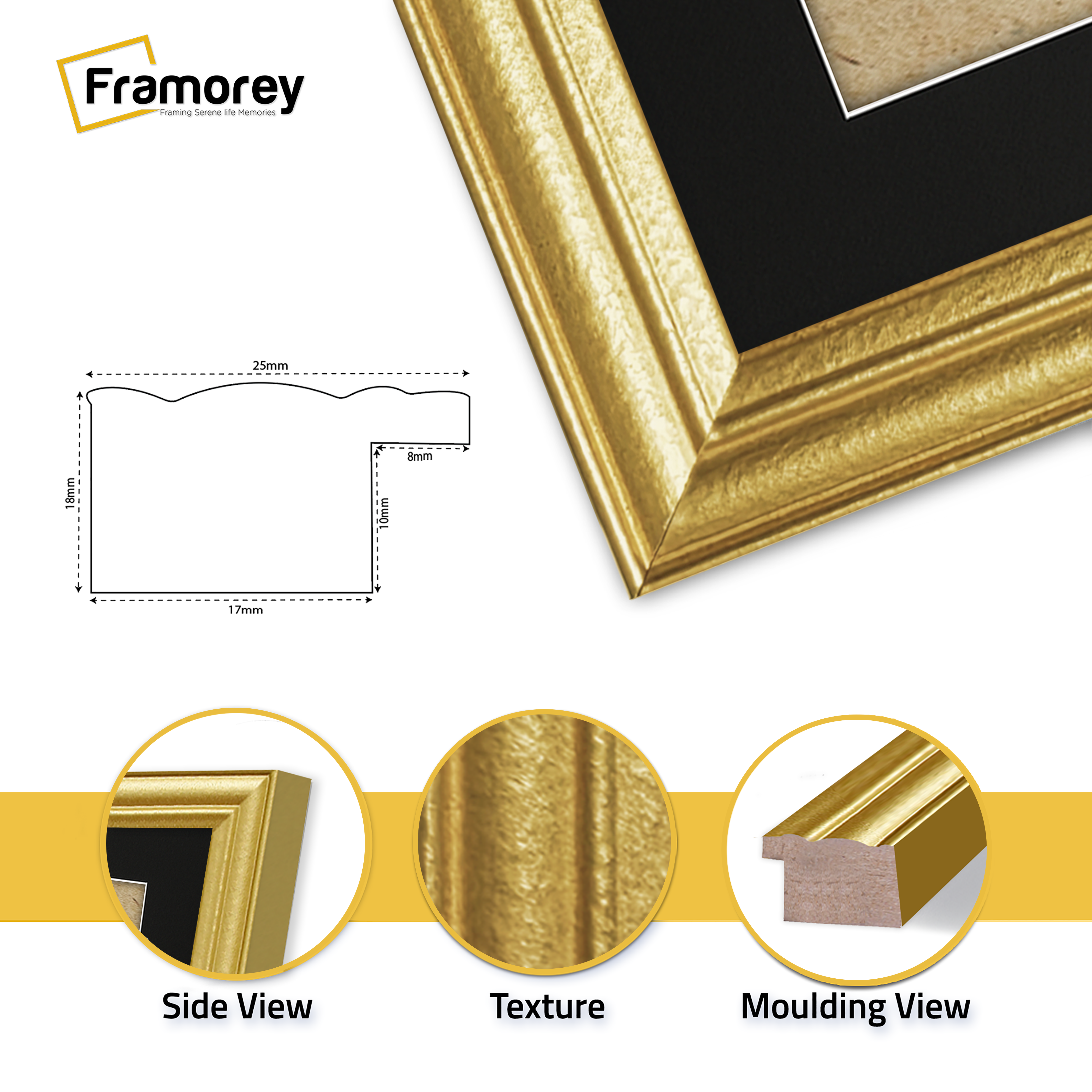 Gold picture frame with black mount, close view profile showing moulding depth and edge detail for wall art or photo display