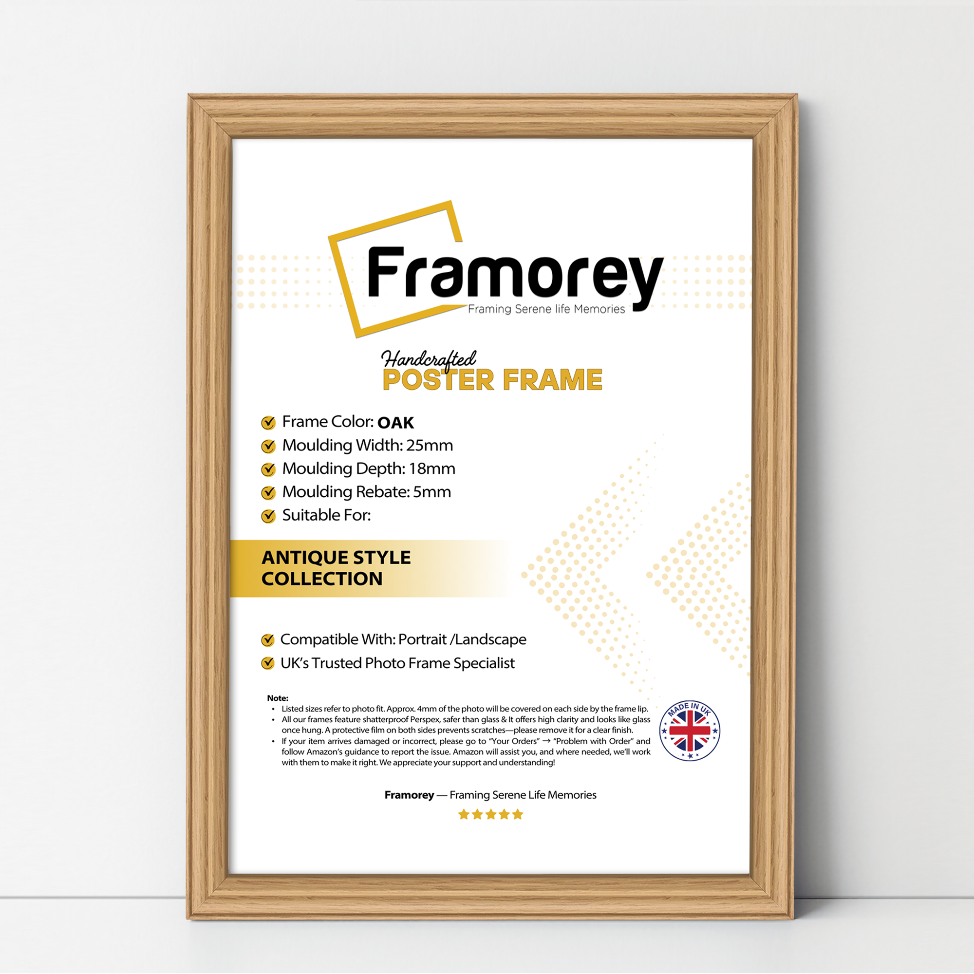 Oak antique-style poster frame, Framorey handmade picture frame for wall display