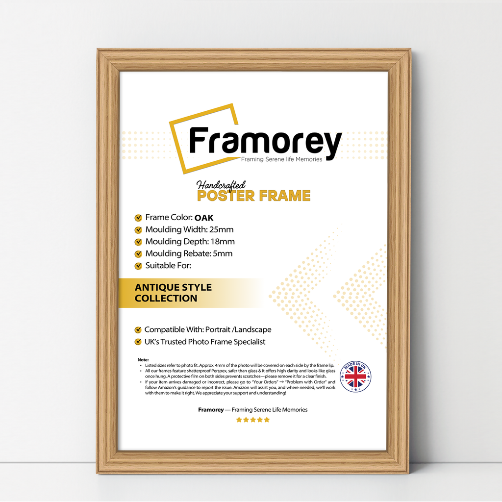 Oak antique-style poster frame, Framorey handmade picture frame for wall display