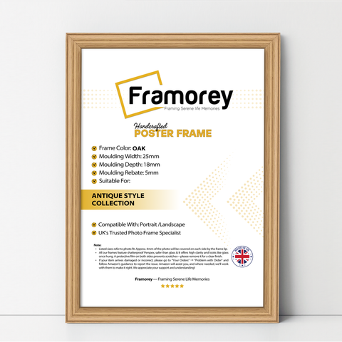 Oak antique-style poster frame, Framorey handmade picture frame for wall display
