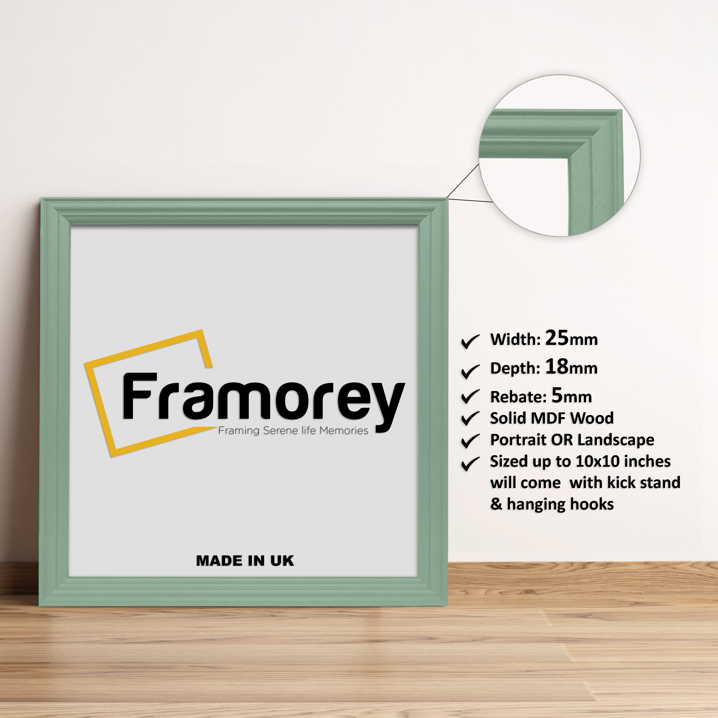 Antique Style Square Size Green Poster Frame standing with the wall on a flat wooden surface with some detail on its measurement.