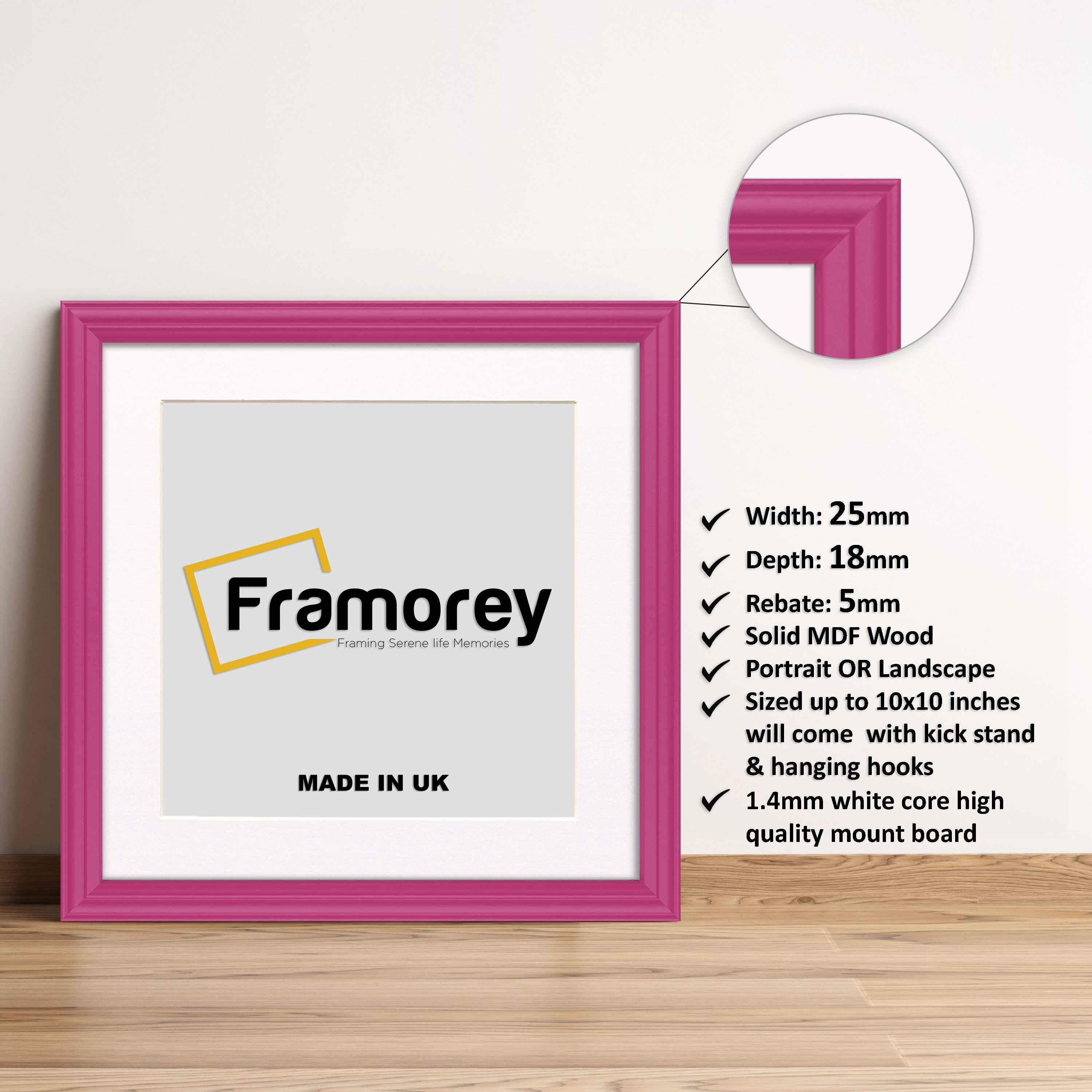 Antique Style Square Size Pink Poster Frame with White Mount standing with the wall on a flat wooden surface with some detail on its measurement.