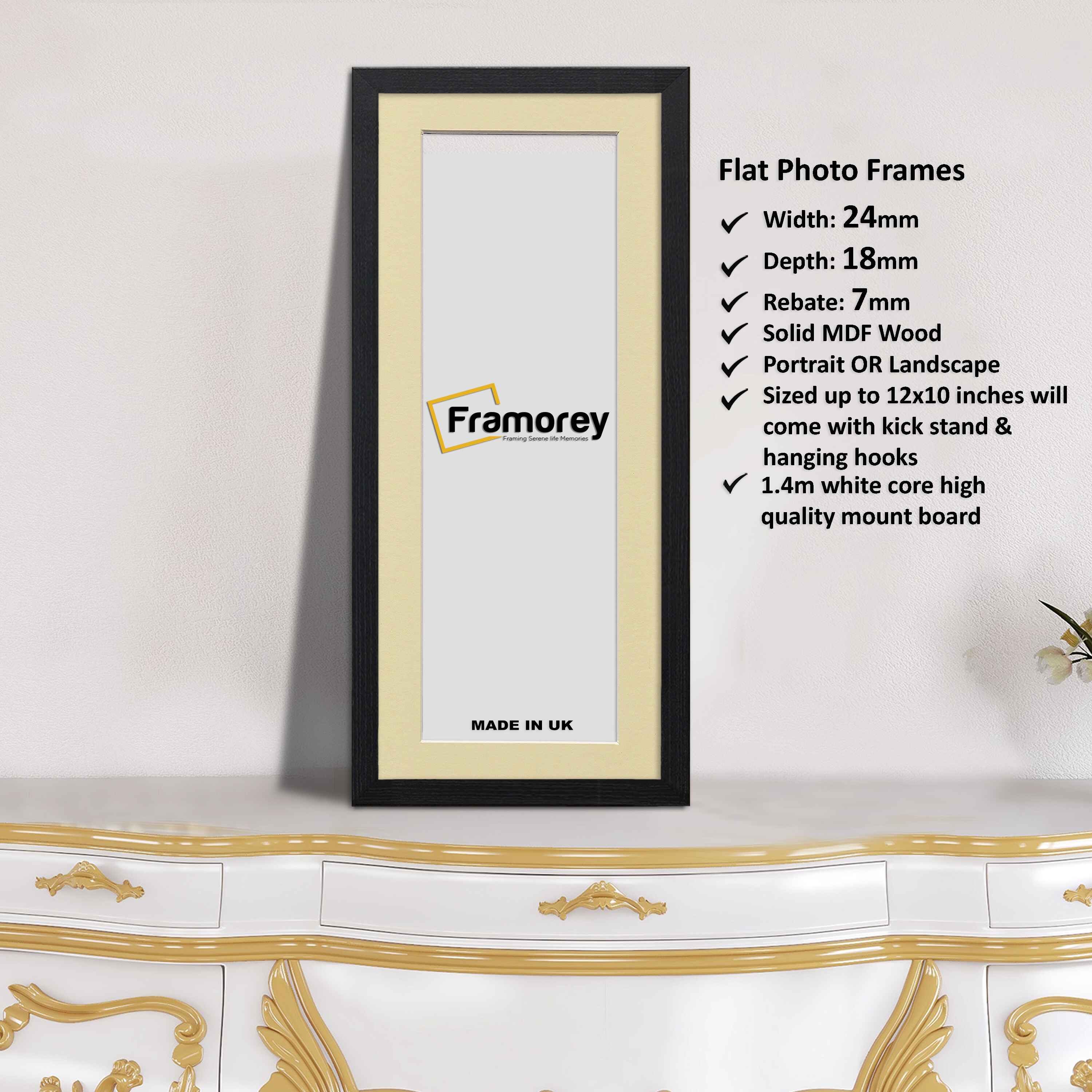 Flat Panoramic Black Picture Photo Frame Wall Art Poster Frame With Ivory Mount