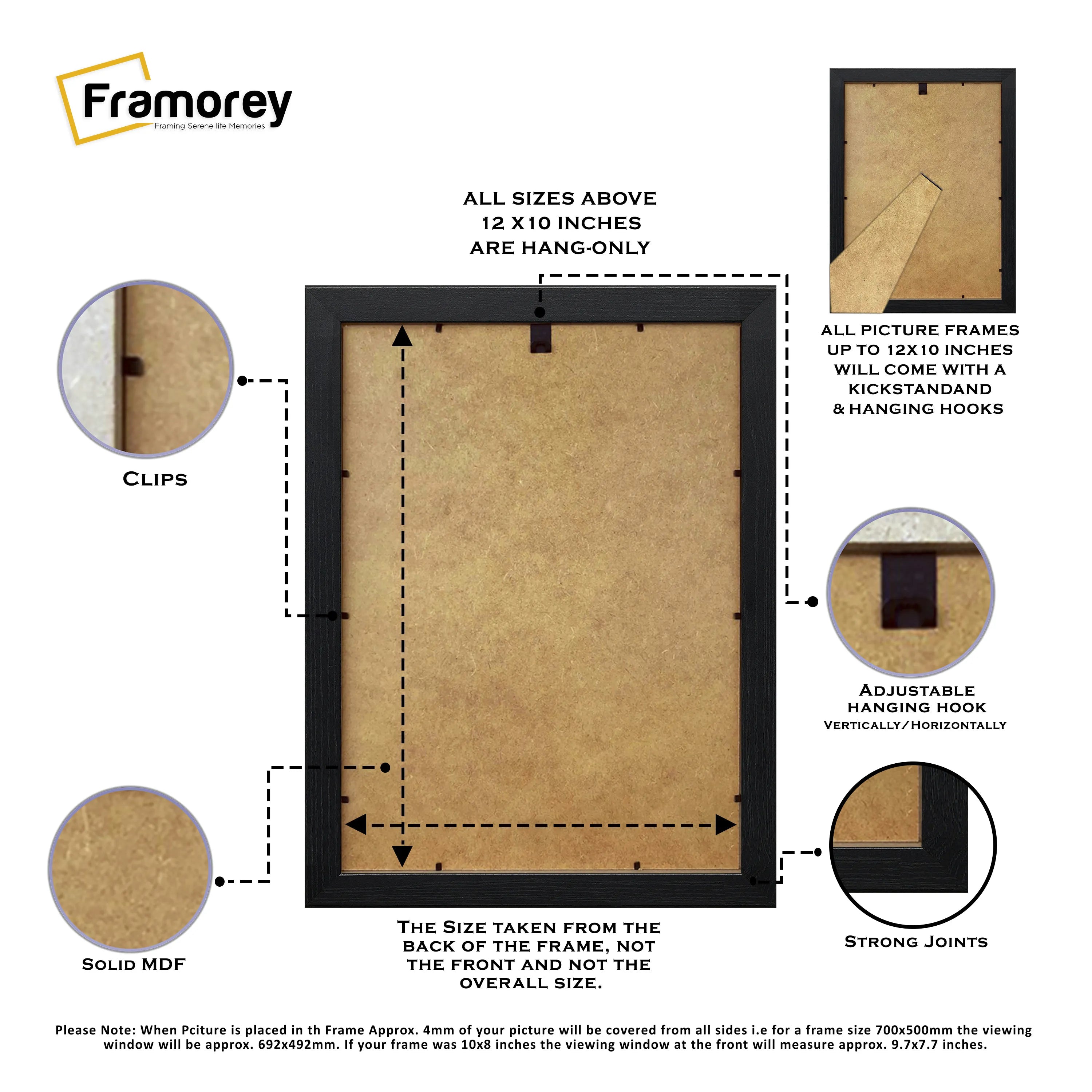 Back side view of a Ash Black Picture Frame with some focus on its features.