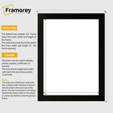 Ash Black picture frame size guide line diagram showing outer frame dimensions and inner opening dimensions,  plus brief usage notes