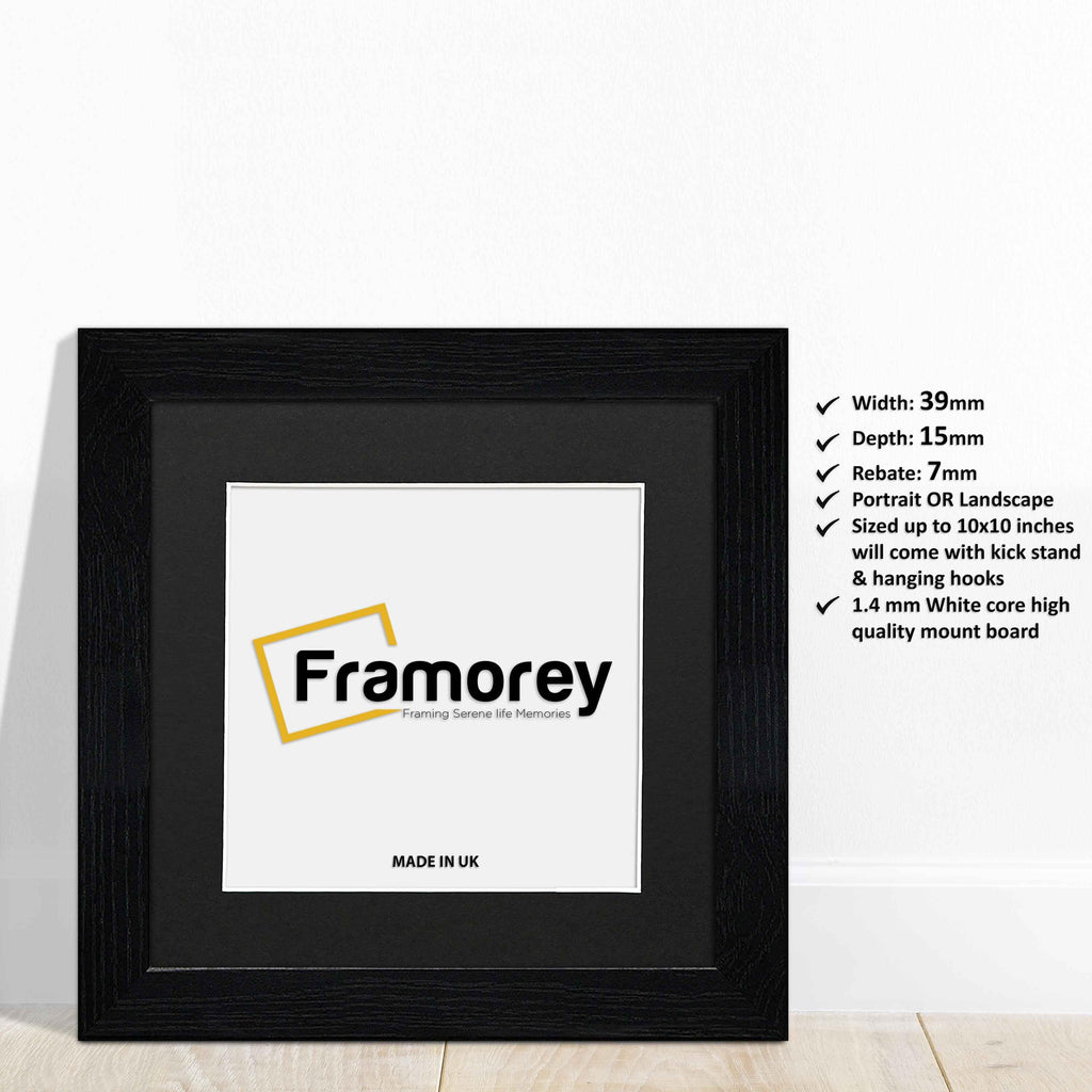 Square Ash Black Photo Frames with Black mount leaning with the wall with some details.