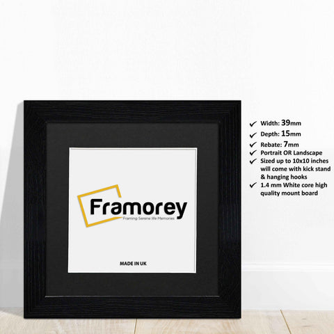 Square Ash Black Photo Frames with Black mount leaning with the wall with some details.