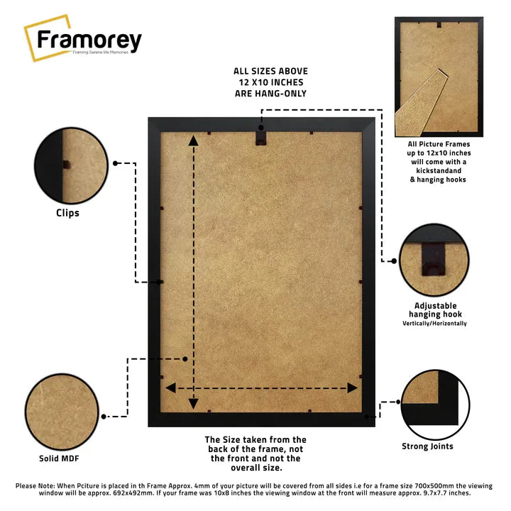 Back side view of a Black Picture Frame with some focus on its features.