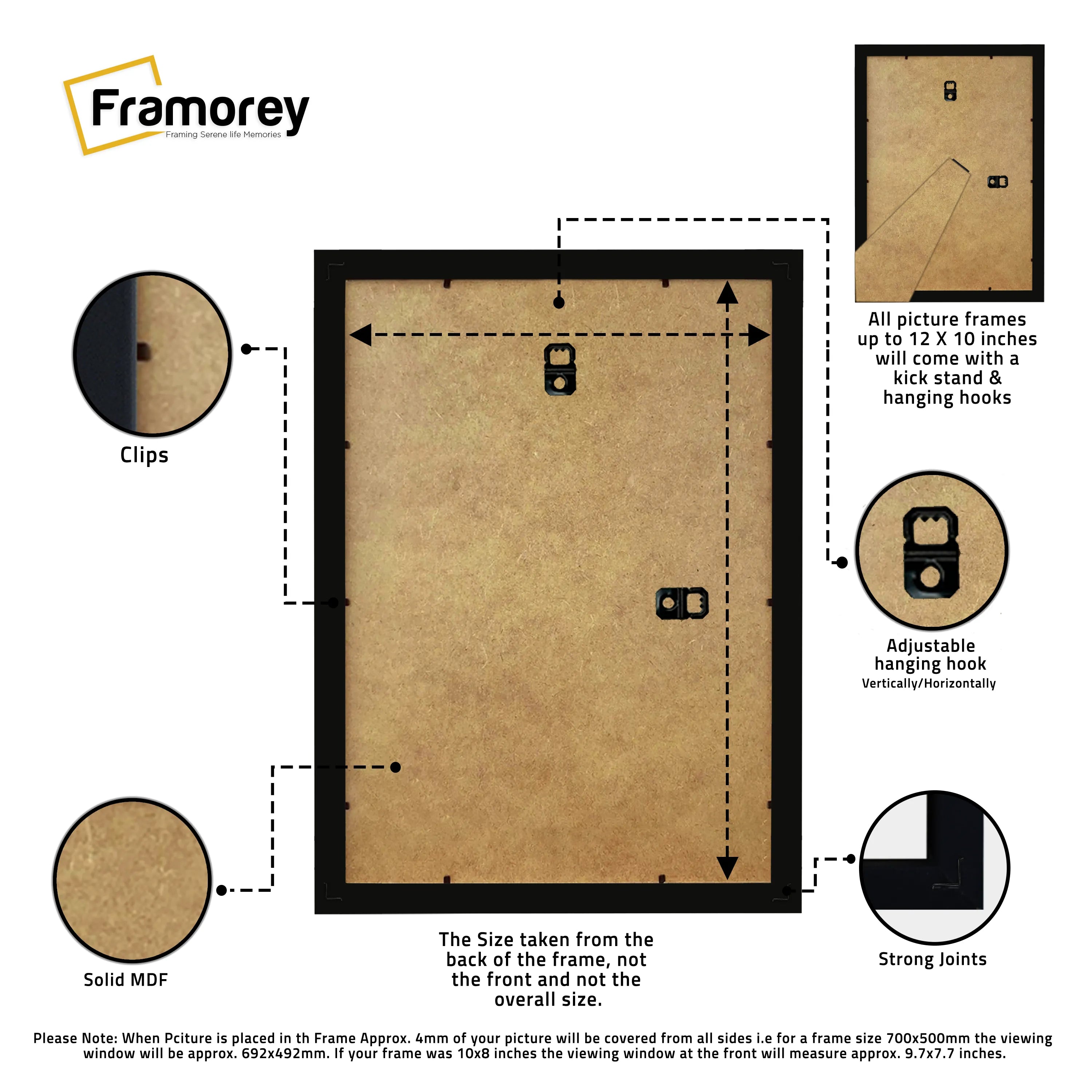 Back side view of a Black Picture Frame with some focus on its features.