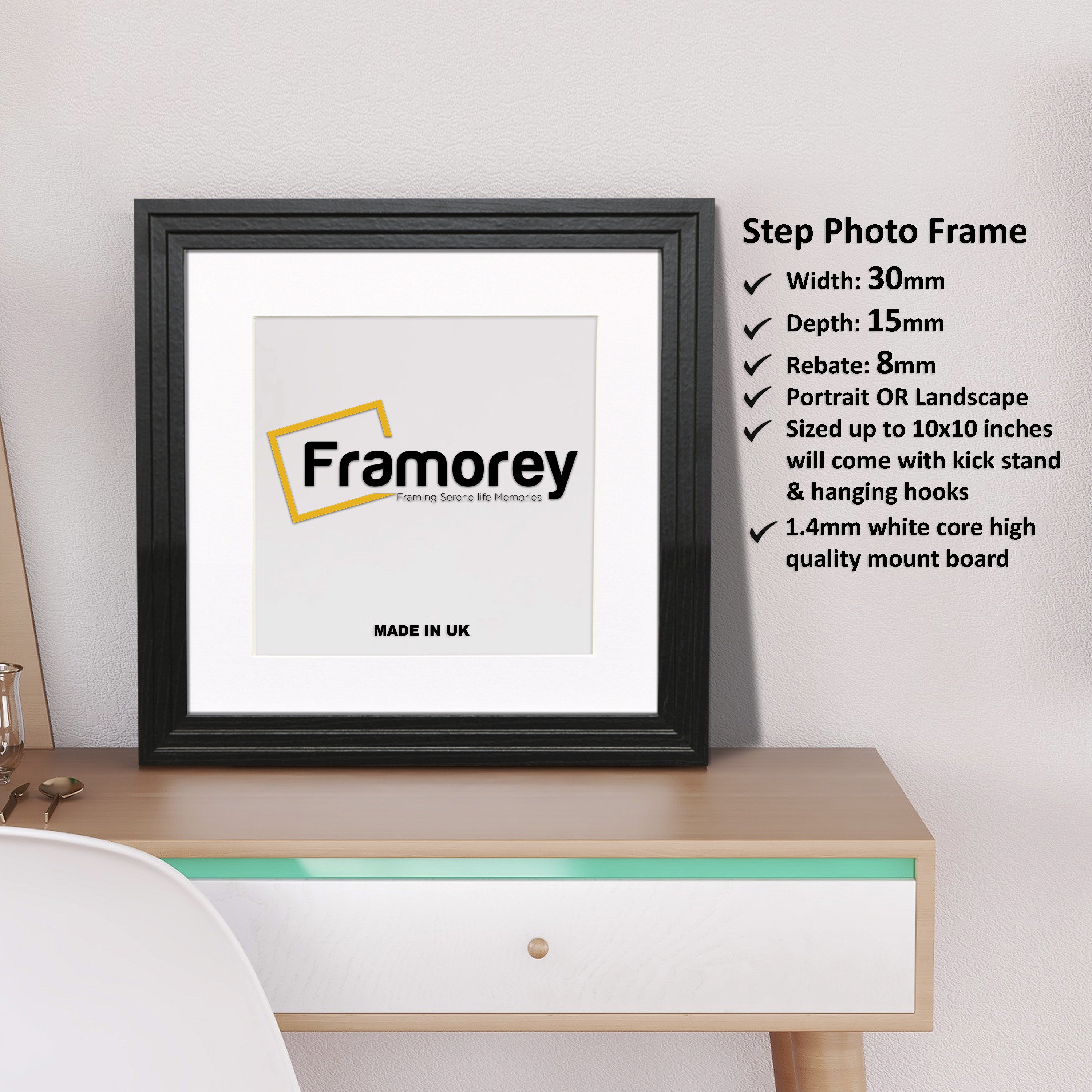 Step Style Square Size Black Picture Frame With White Mount