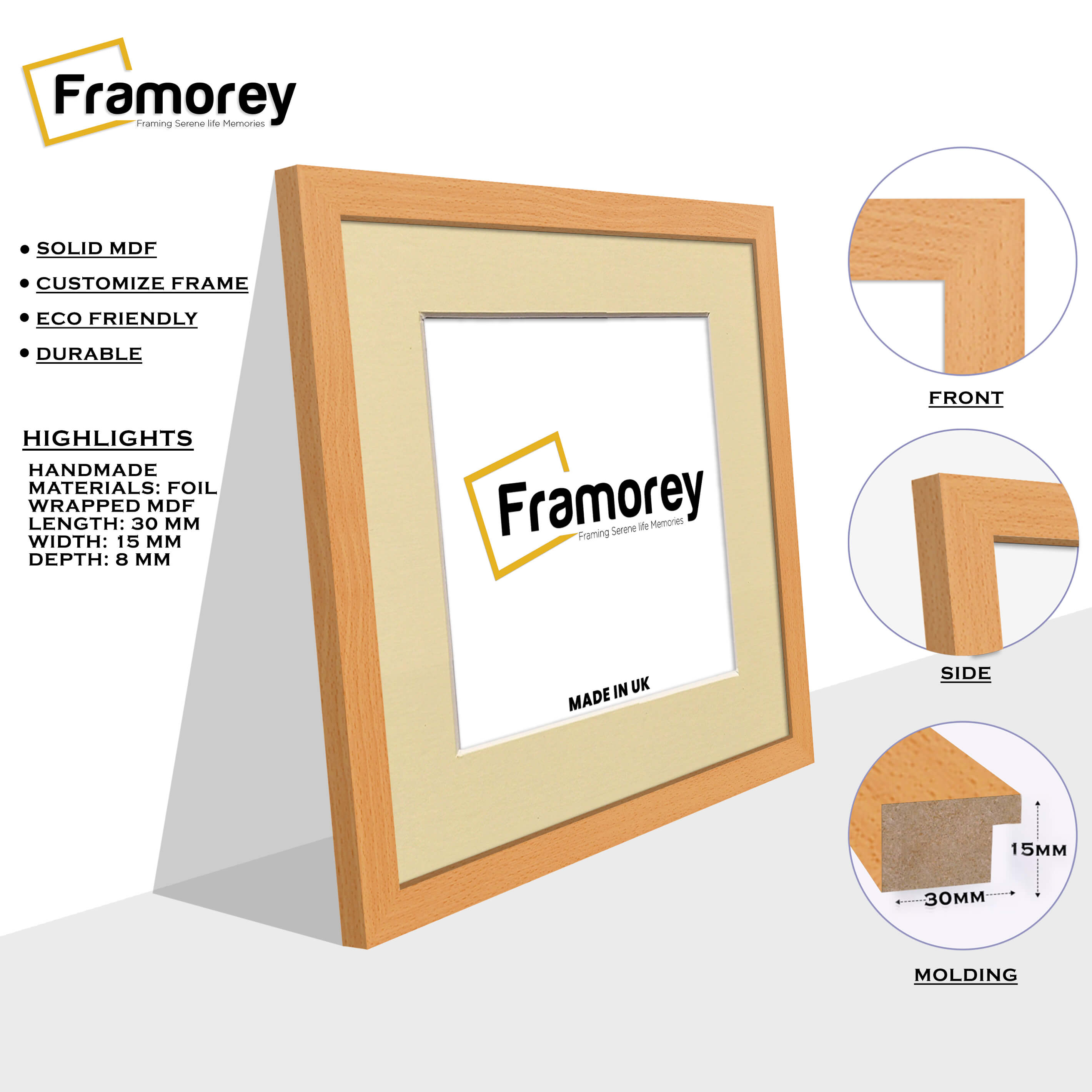 Square Size Beech Picture Frame With Ivory Mount