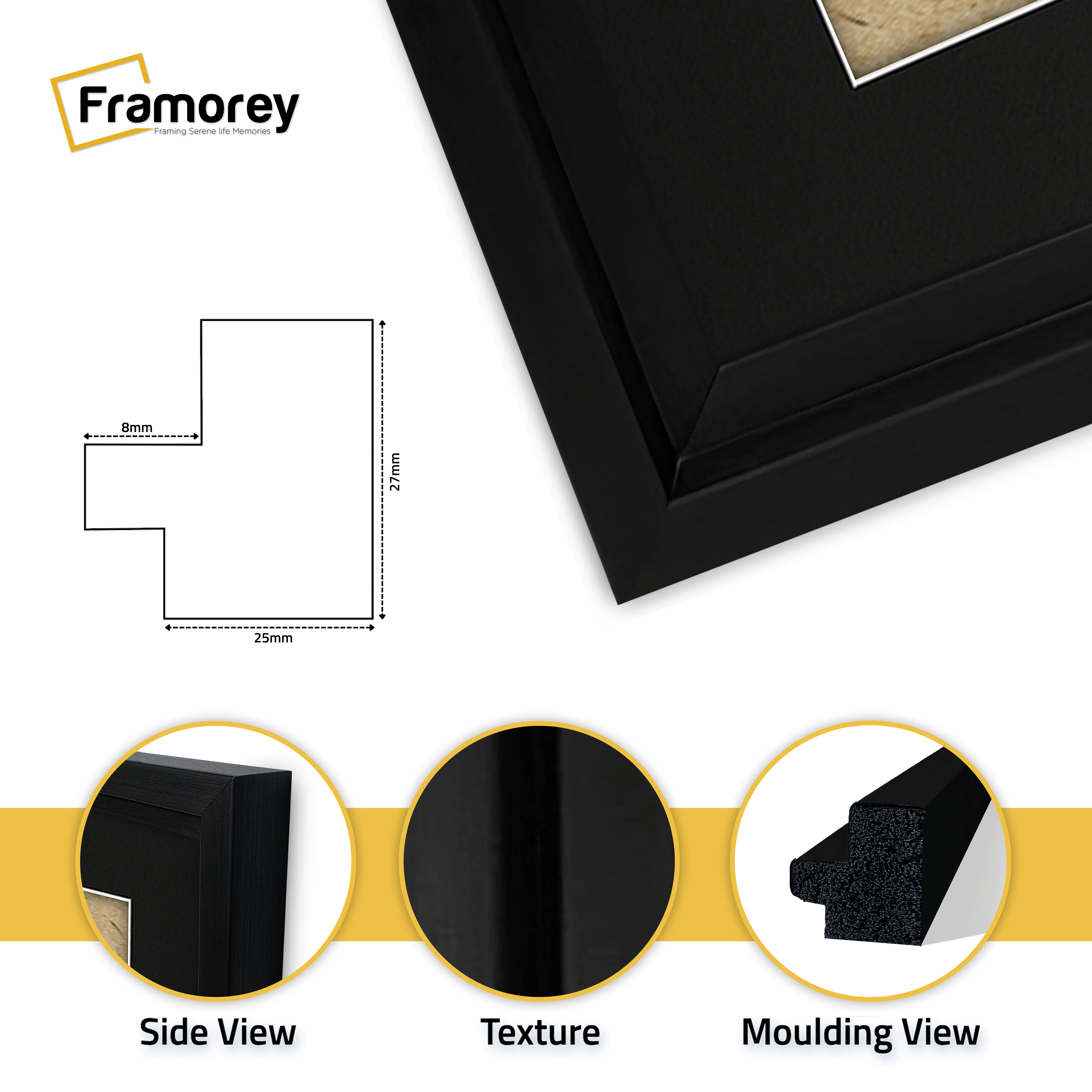 Black Picture Frame Oslo Style Photo Frames With Black Mount. Side View, Texture and Moulding View.