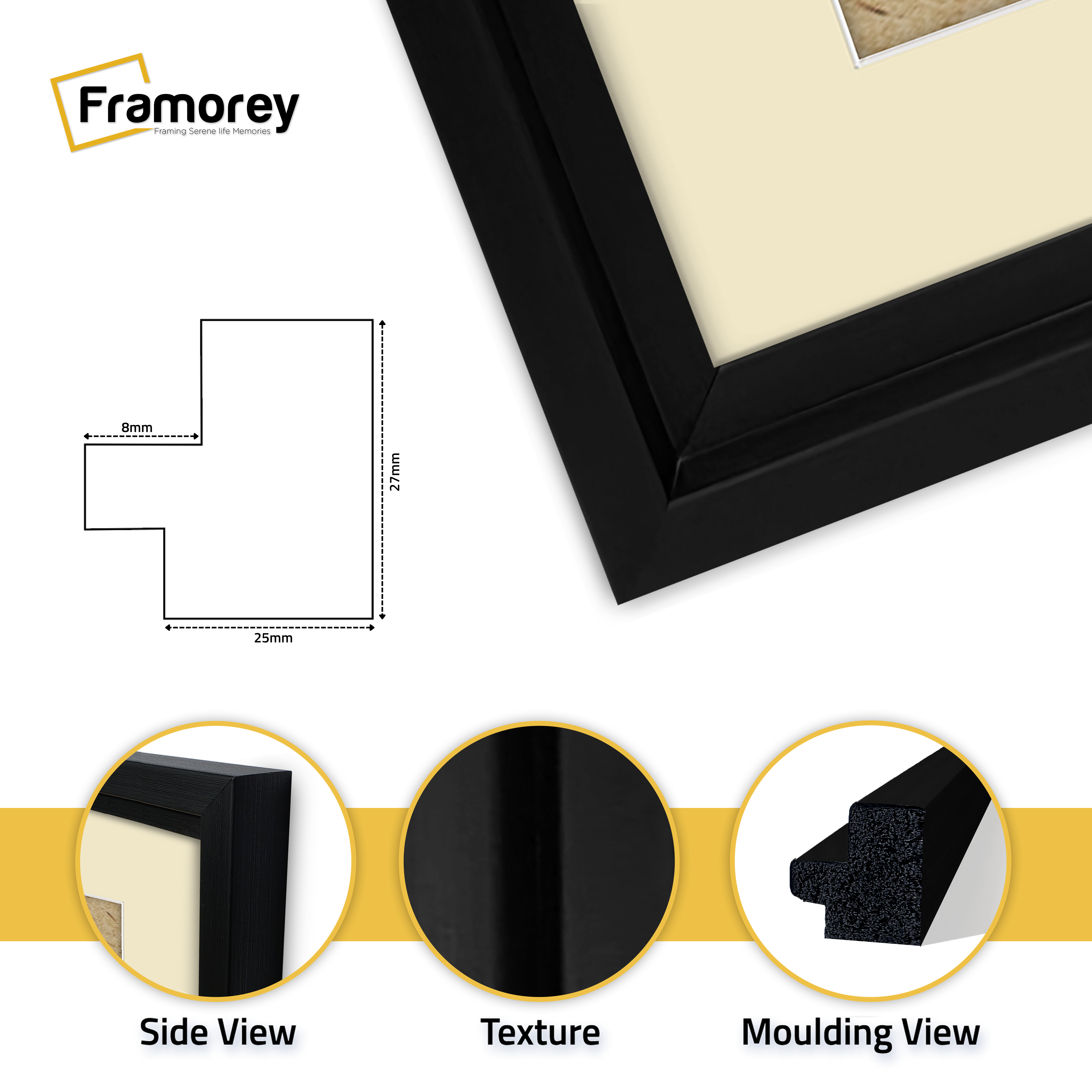 Black Picture Frame Oslo Style Photo Frames With Ivory Mount: side view, texture, and moulding view.