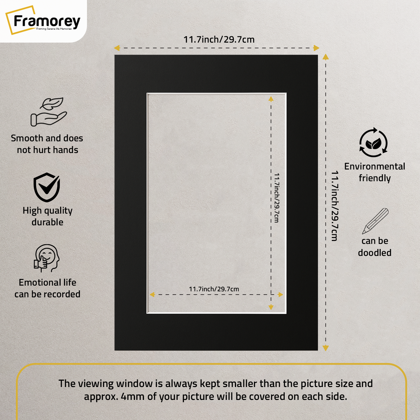 Black Bevel Cut Mount with some measurements and some of its features describe in this image.