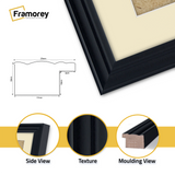 Black picture frame with ivory mount, close view profile showing moulding depth and edge detail for wall art or photo display