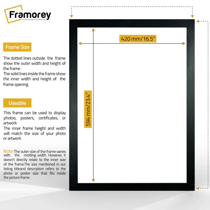 Black picture frame size guide line diagram showing outer frame dimensions and inner opening dimensions,  plus brief usage notes