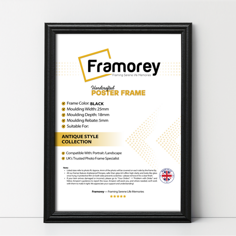 Black antique-style poster frame Framorey handmade picture frame for wall display
