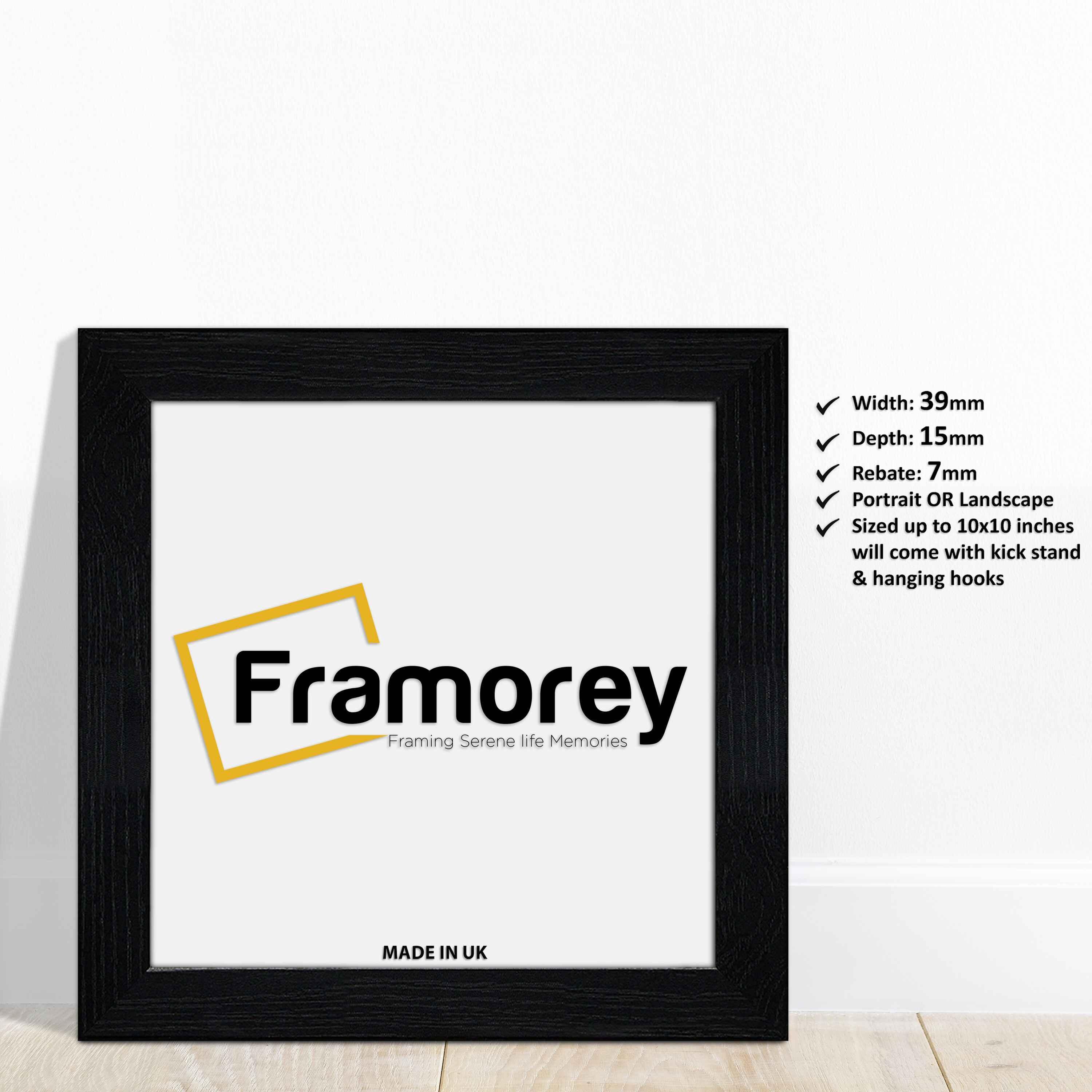 Square Size Ash Black Photo Frames  leaning with the wall with some details.