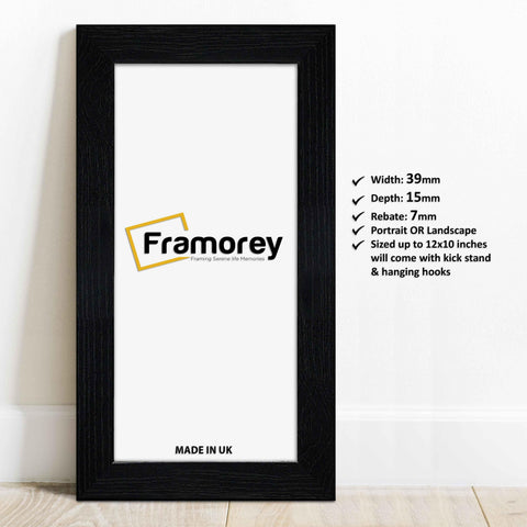 Ash Black panoramic photo print frame lean with the wall and details.