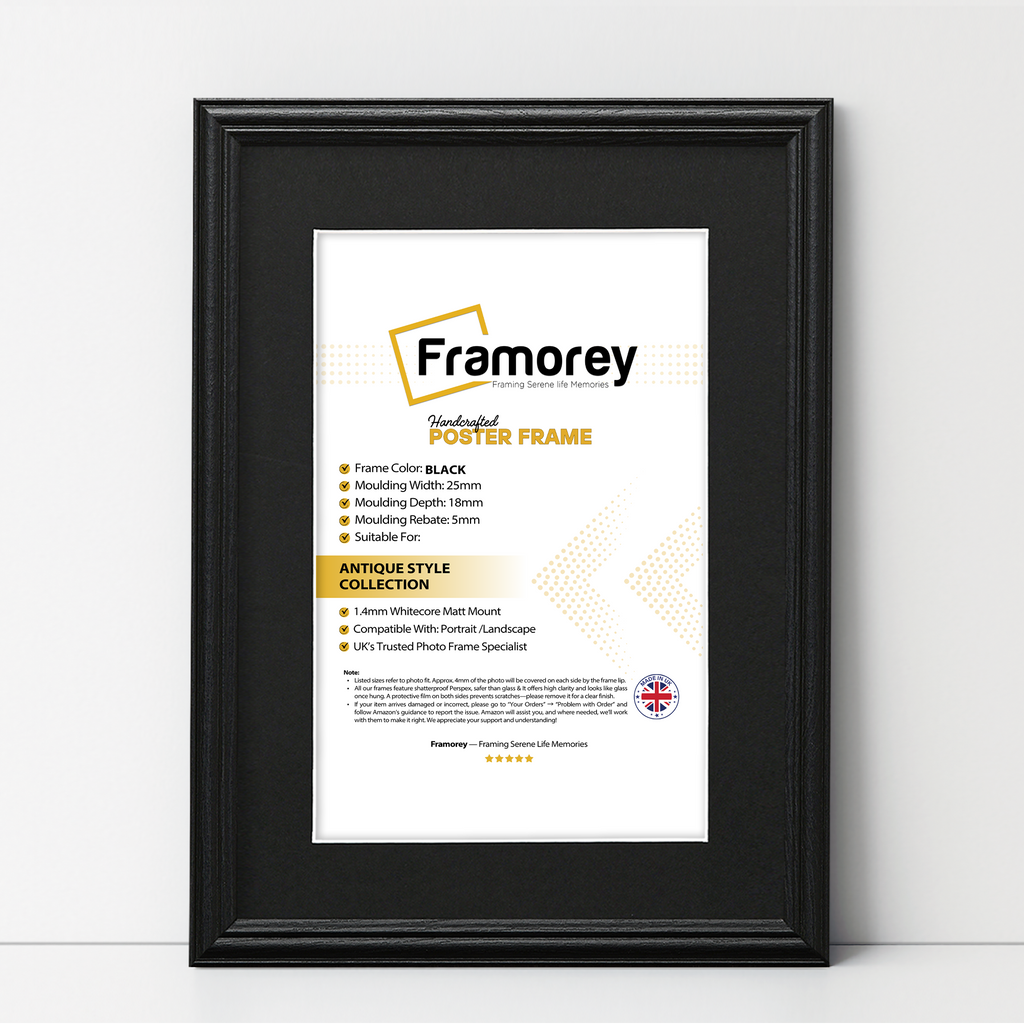 Black photo frame with black mount, Framorey handmade picture frame for wall display